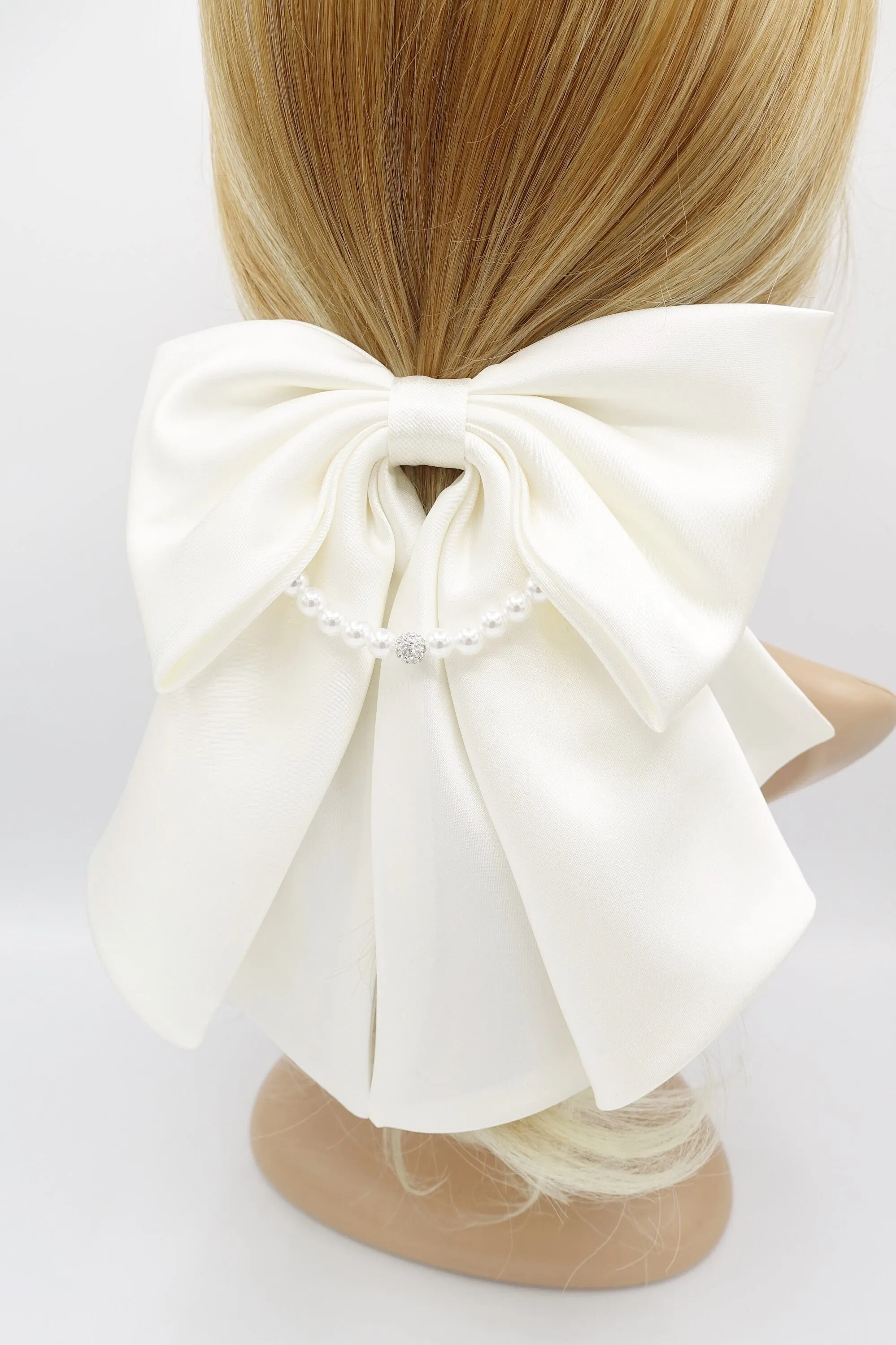 classic satin hair bow, pearl necklace hair bow, jeweled hair bow for women by VeryShine