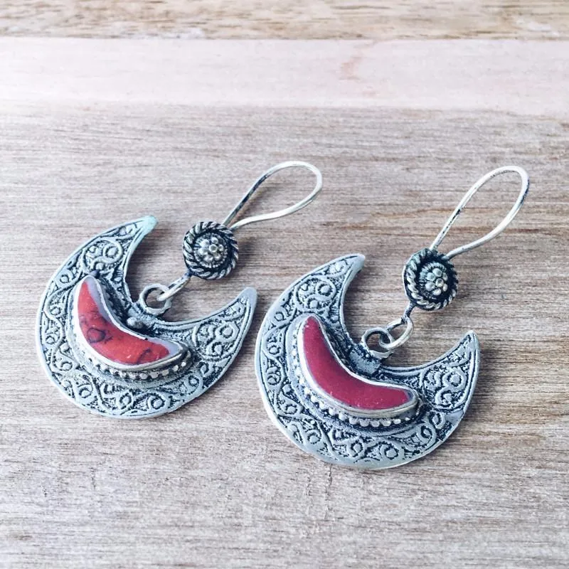 Crescent Kuchi Tribal Earrings - Coral