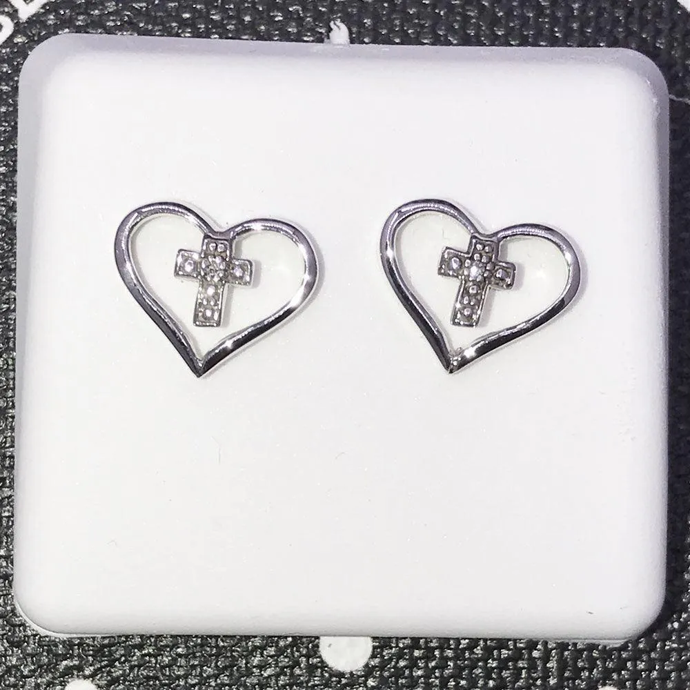 Cross Heart Diamond Earrings .02cttw 10K White Gold