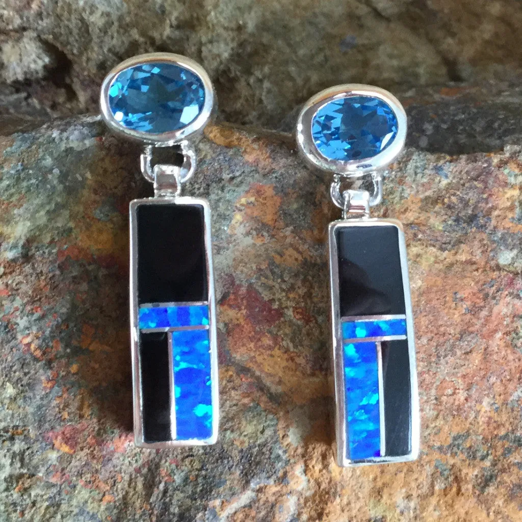 David Rosales Black Beauty Inlaid Sterling Silver Earrings w Blue Topaz