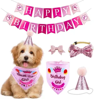 Dog Birthday Party Supplies Bandana Hat Banner Set Boy Girl Cute Bow Tie Scarf Dog Birthday Decorations (Pink，Dog Girl)