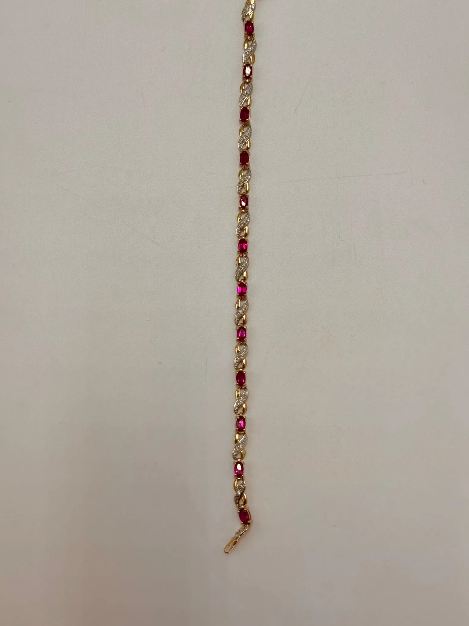 Elegant Created Ruby & Diamond Bracelet in Yellow Gold - 21cm