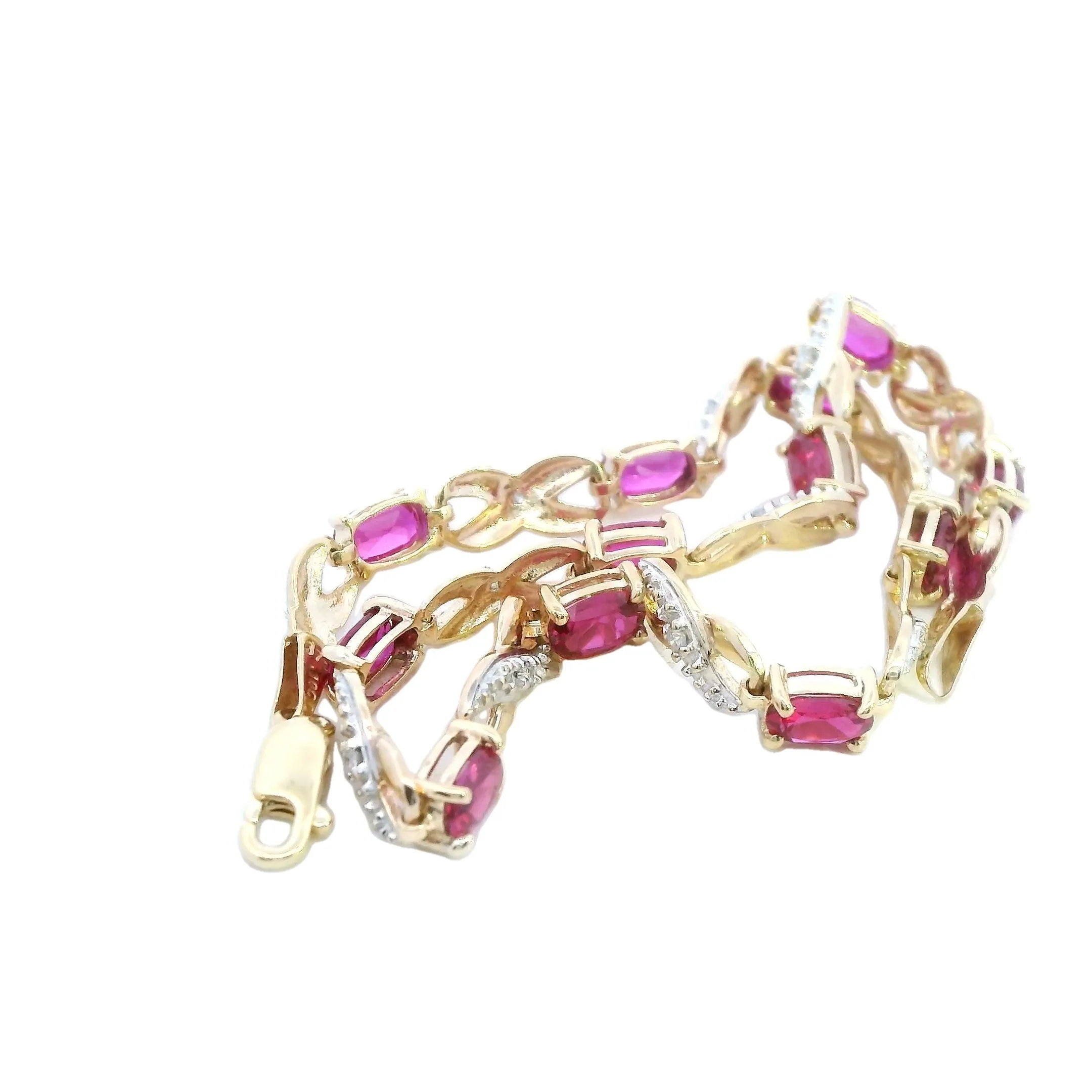 Elegant Created Ruby & Diamond Bracelet in Yellow Gold - 21cm