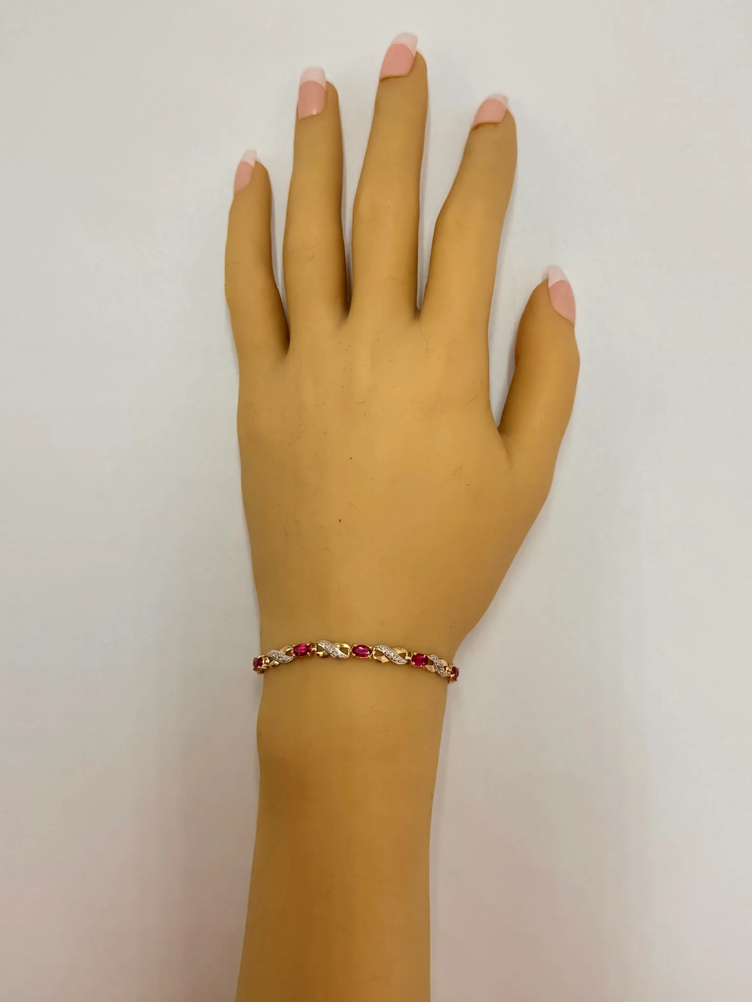 Elegant Created Ruby & Diamond Bracelet in Yellow Gold - 21cm