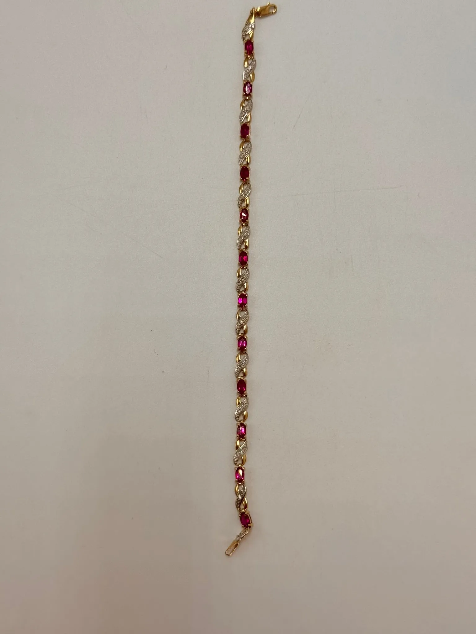 Elegant Created Ruby & Diamond Bracelet in Yellow Gold - 21cm