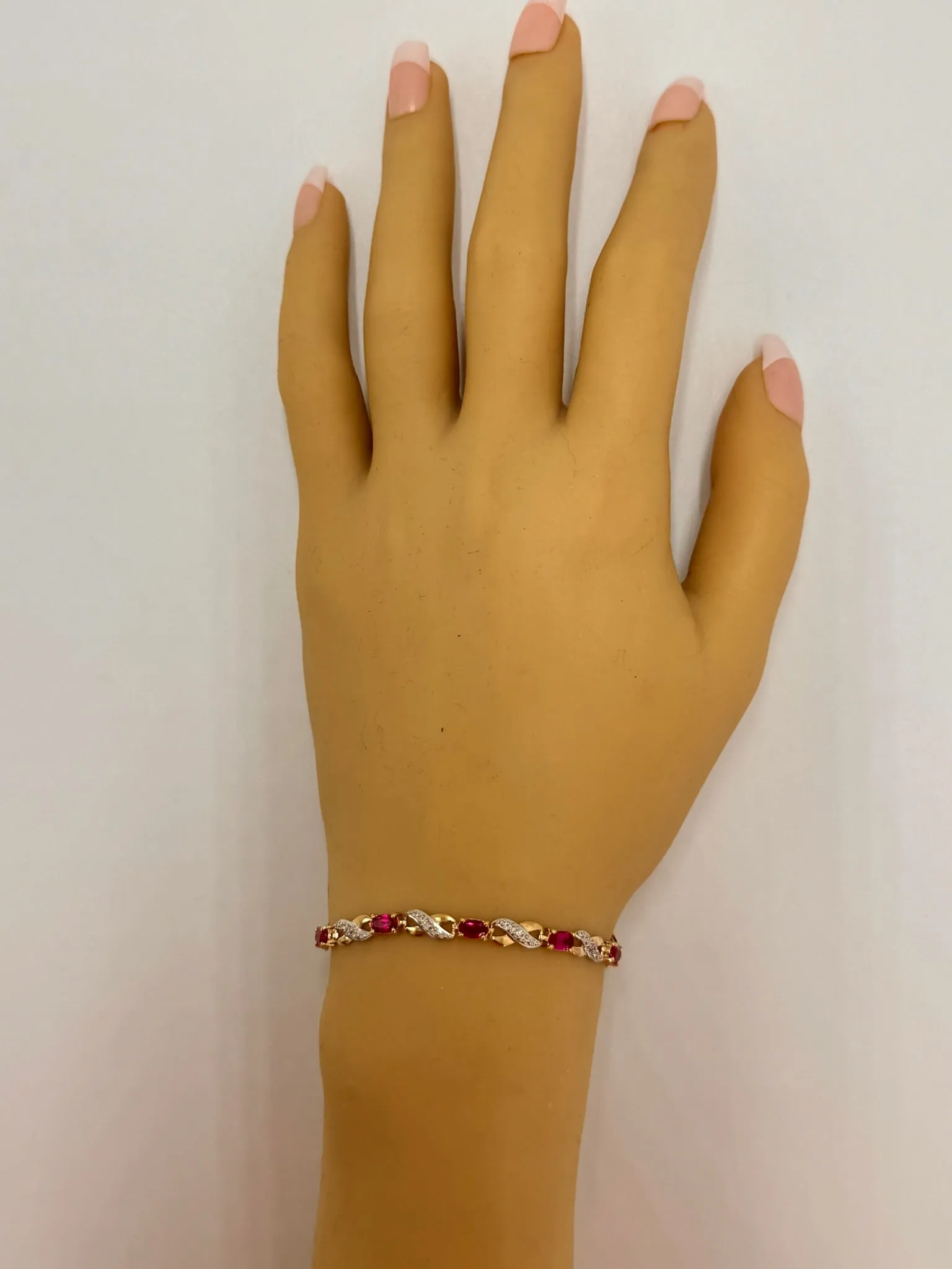 Elegant Created Ruby & Diamond Bracelet in Yellow Gold - 21cm