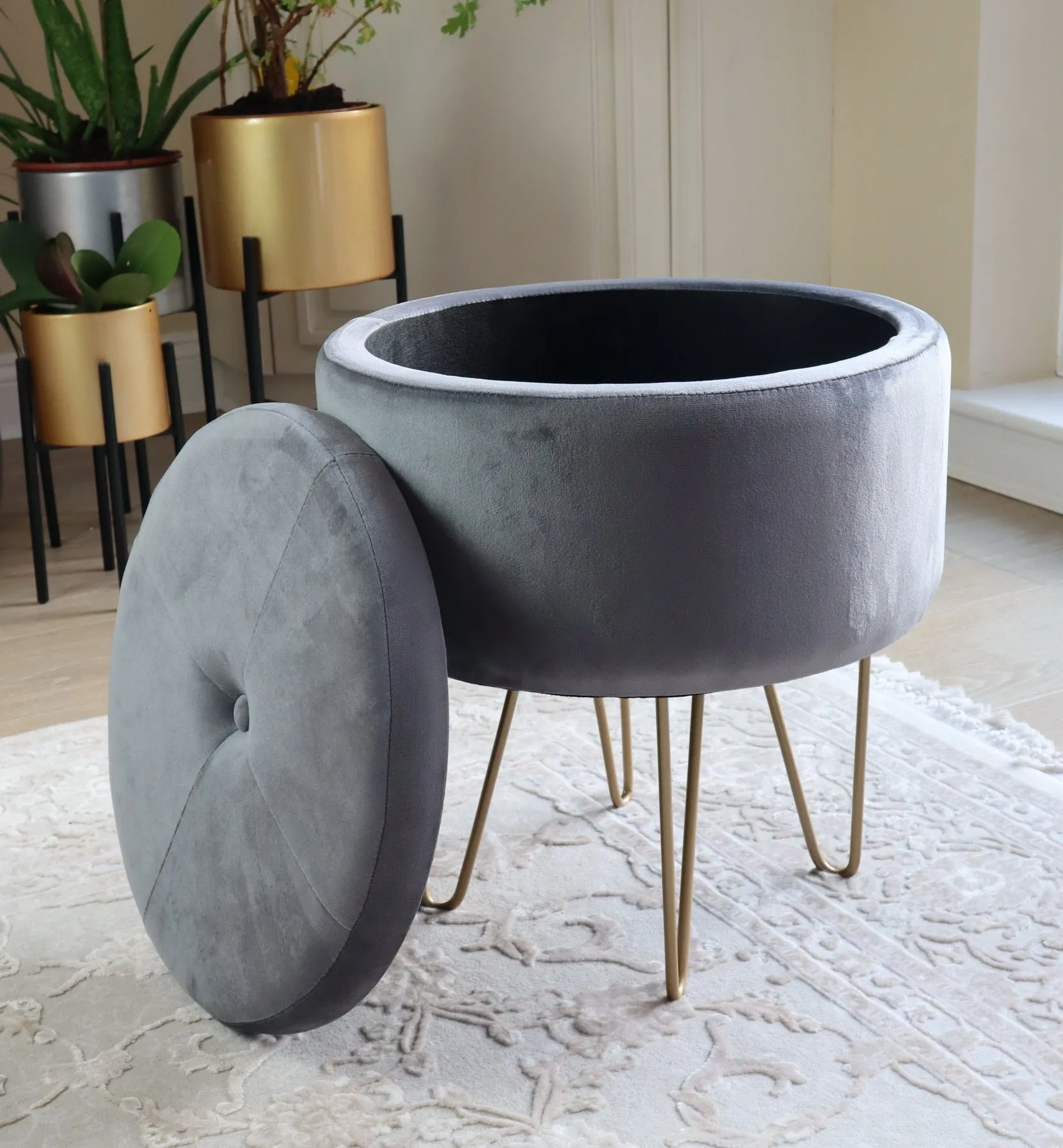 Elenore Grey and Gold Storage Stool with Hairpin Legs