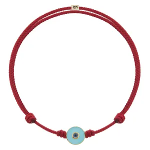 Enameled Turquoise Gemstone Evil Eye Disk on Red Cord Bracelet