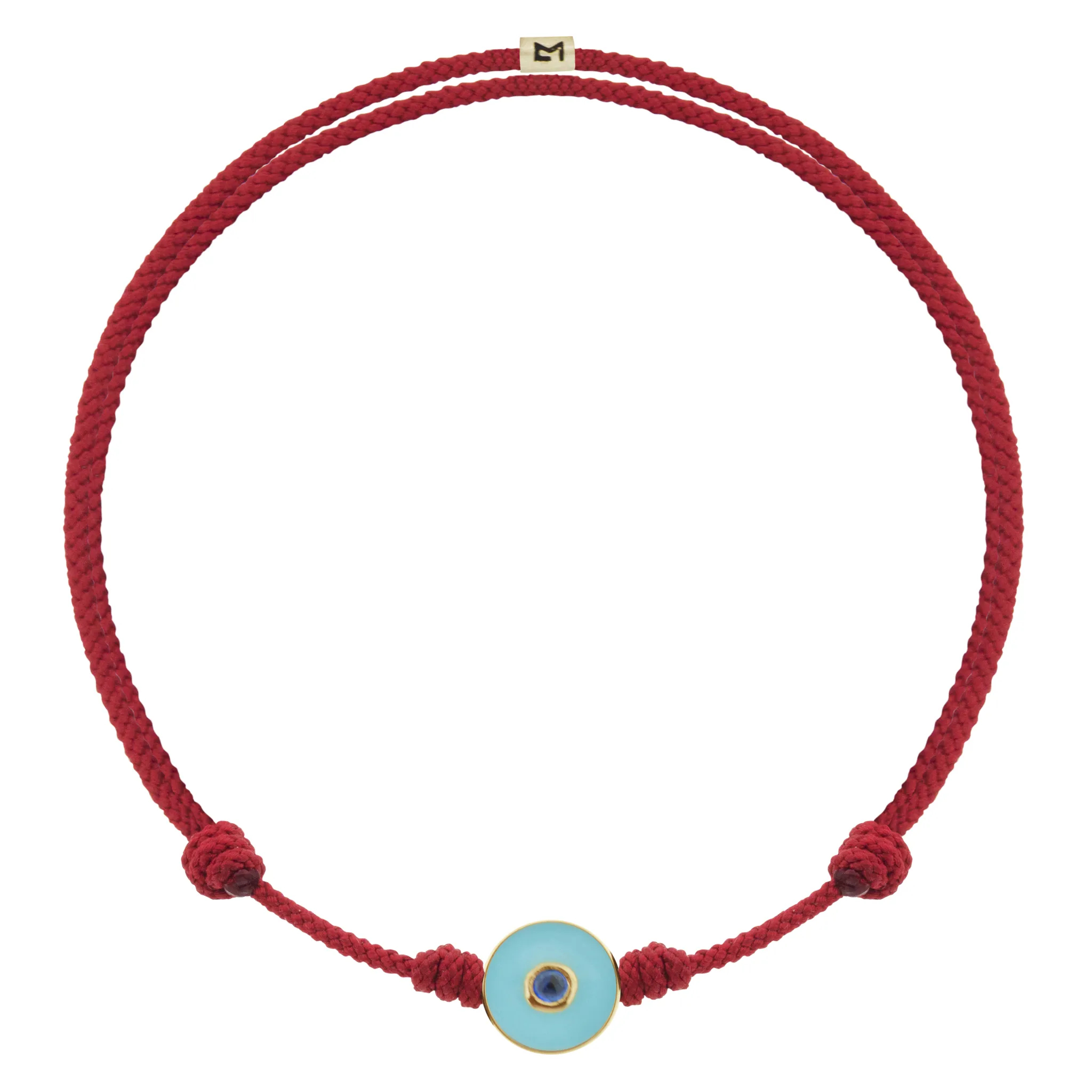 Enameled Turquoise Gemstone Evil Eye Disk on Red Cord Bracelet