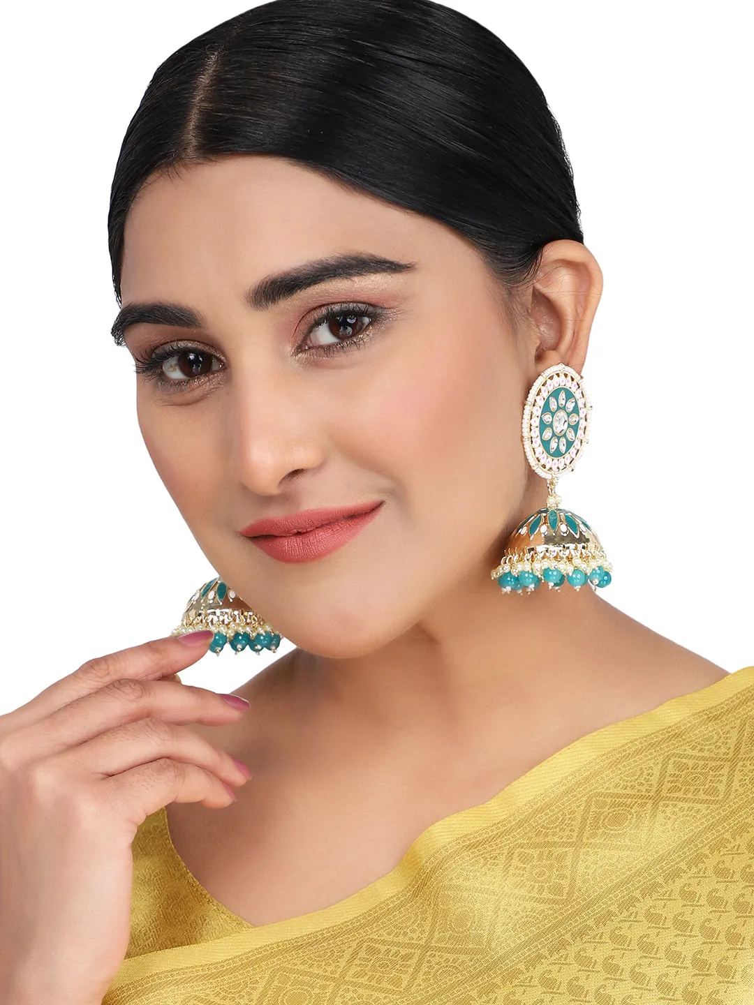 Ethnic Look Gold Tone Meenakari Green Floral Jhumka Earring - Anikas Creation