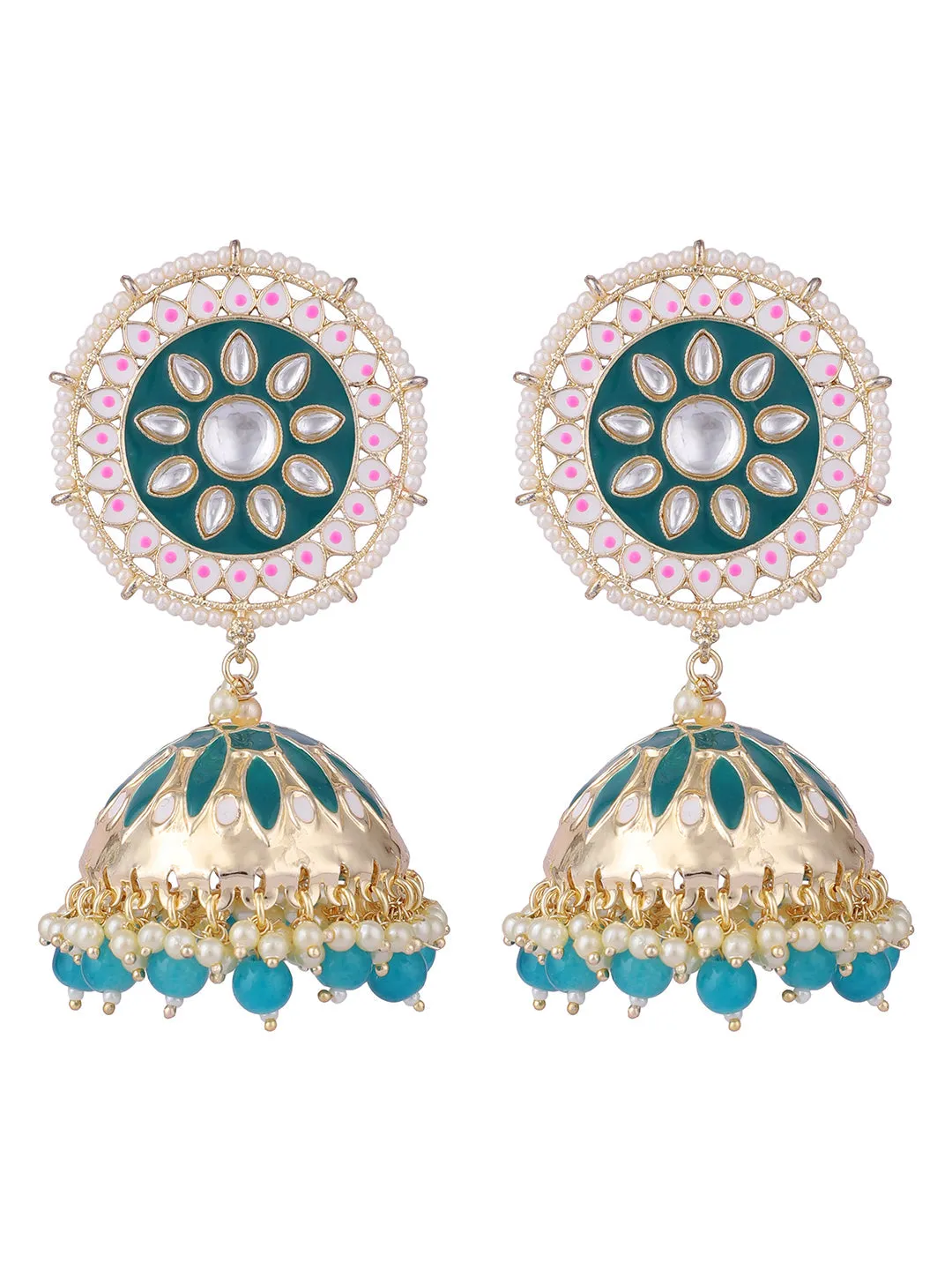 Ethnic Look Gold Tone Meenakari Green Floral Jhumka Earring - Anikas Creation