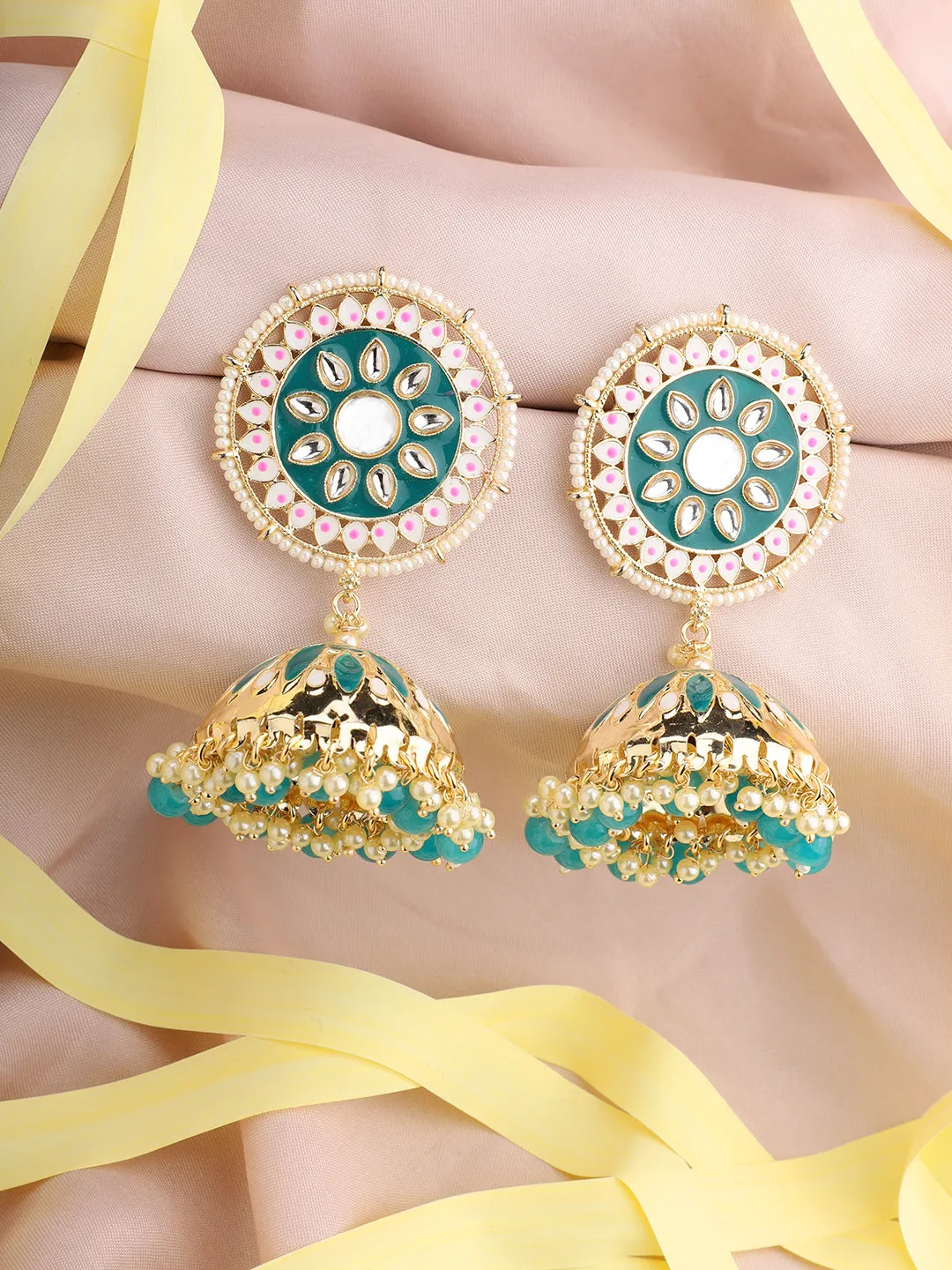 Ethnic Look Gold Tone Meenakari Green Floral Jhumka Earring - Anikas Creation