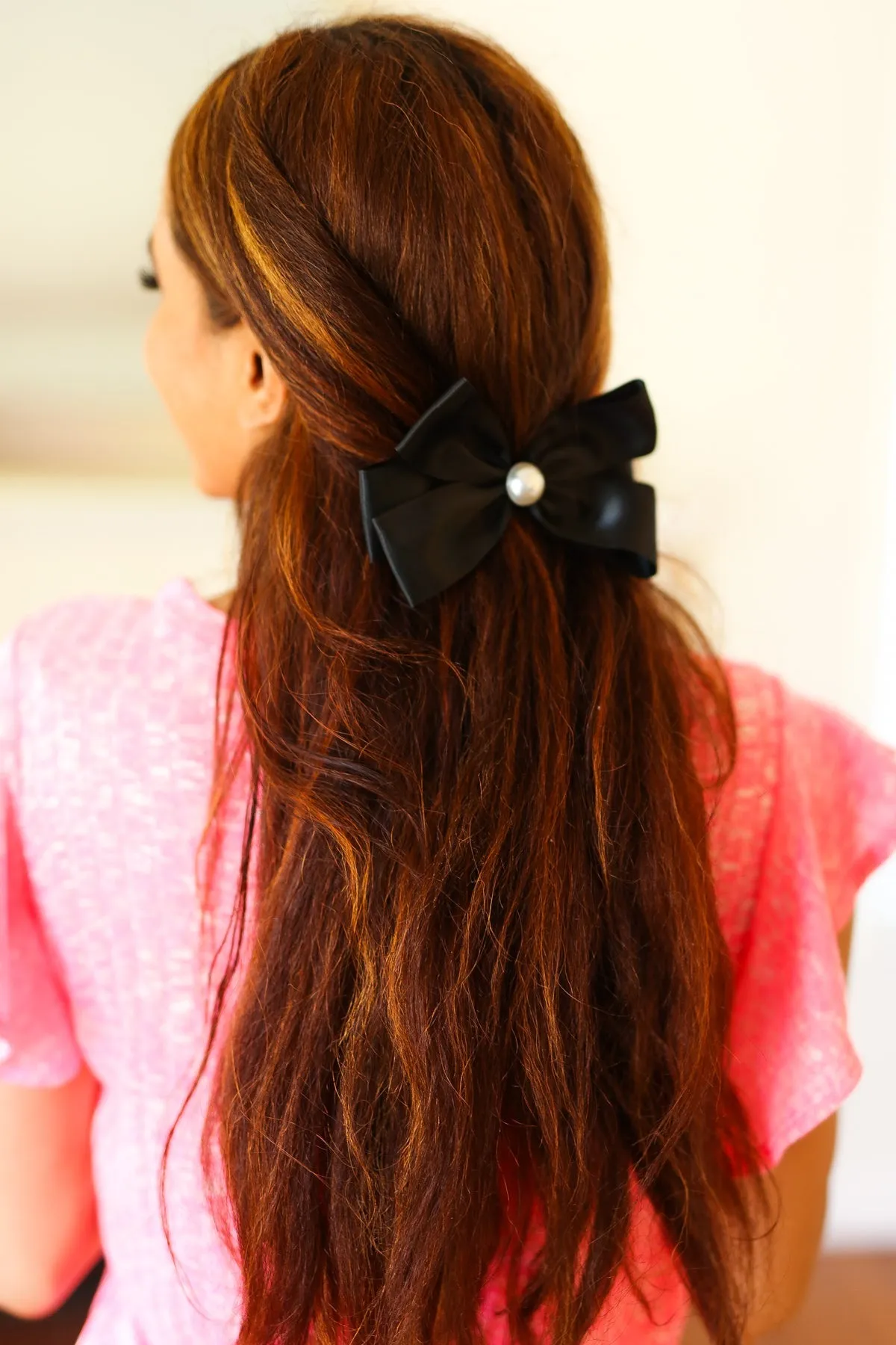 Explore More Collection - Black Satin Pearl Detail Coquette Bow