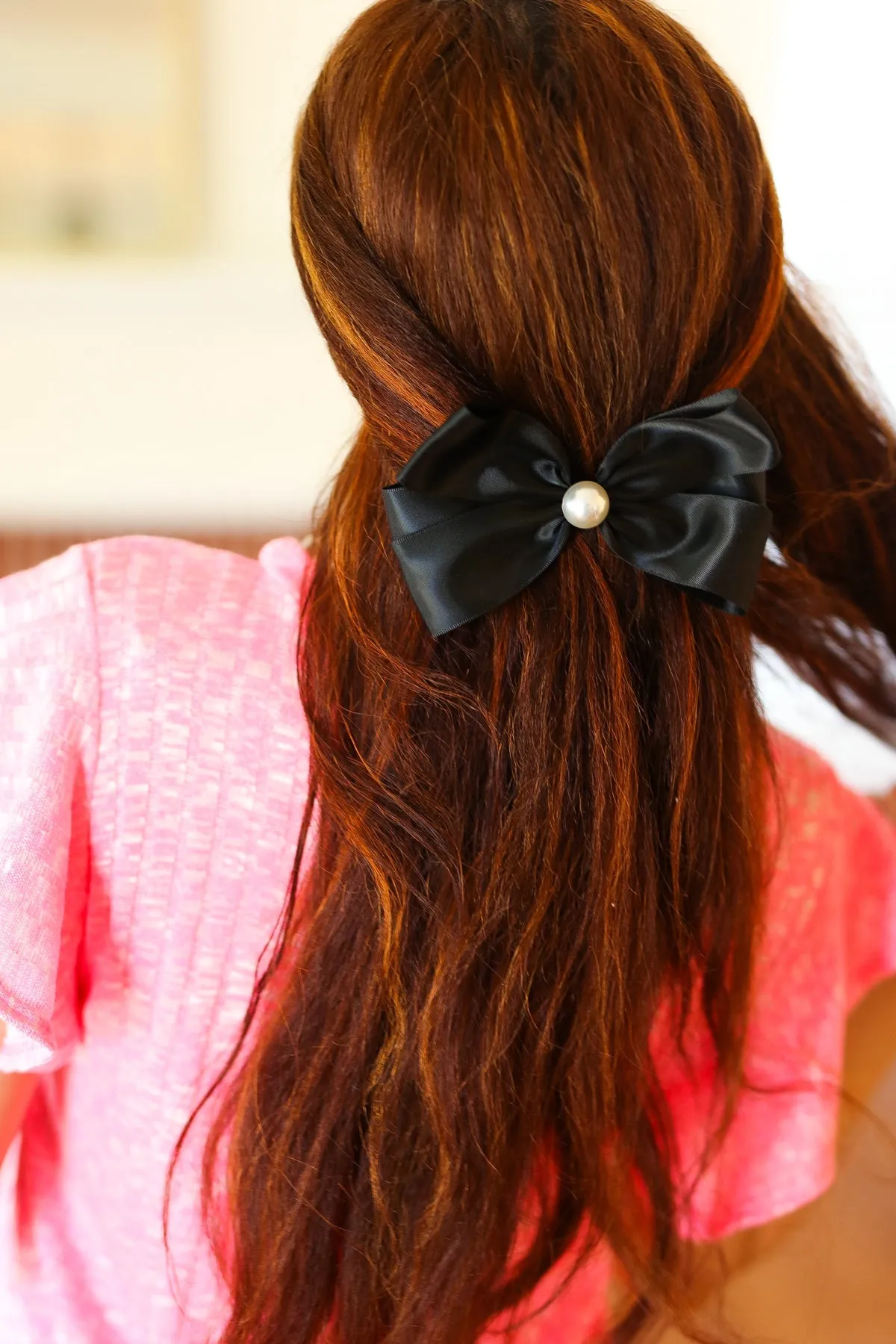 Explore More Collection - Black Satin Pearl Detail Coquette Bow