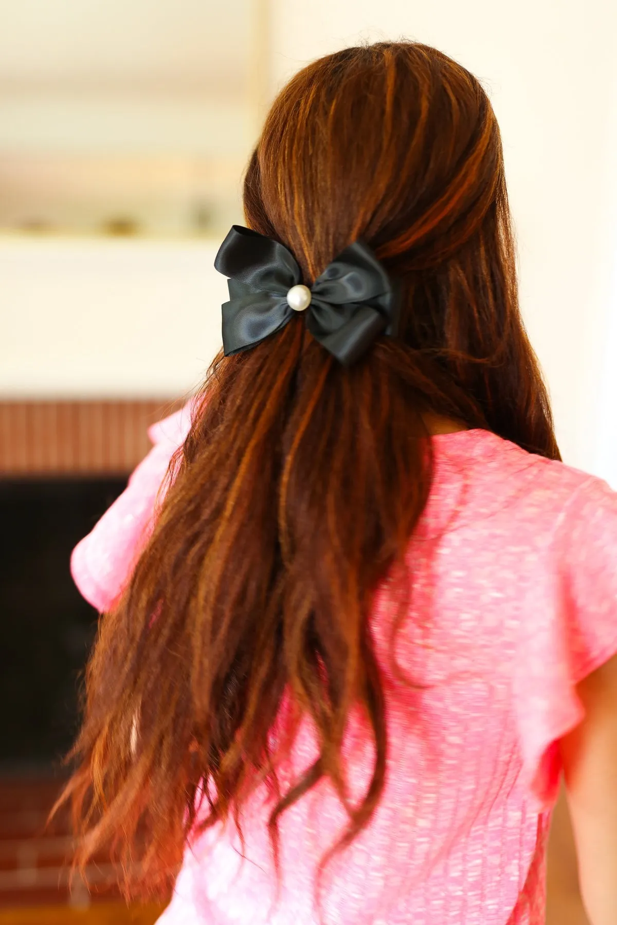 Explore More Collection - Black Satin Pearl Detail Coquette Bow