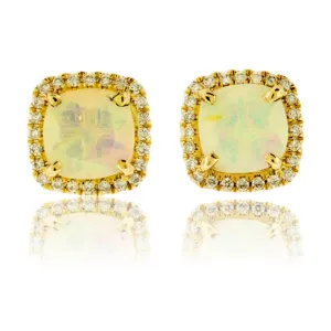 Faceted Opal with Diamond Halo Stud Earrings