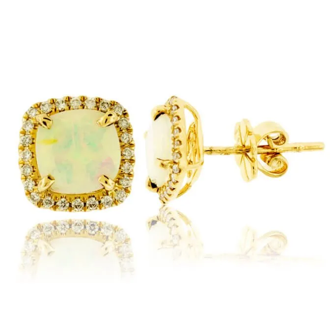 Faceted Opal with Diamond Halo Stud Earrings