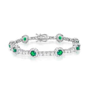 FANCIME "Noble Allure" May Birthstone Emerald Station Tennis Sterling Silver Bracelet