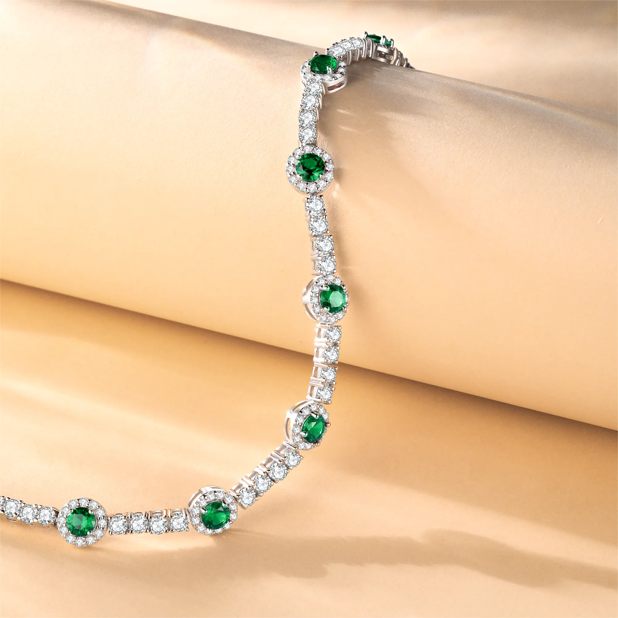 FANCIME "Noble Allure" May Birthstone Emerald Station Tennis Sterling Silver Bracelet