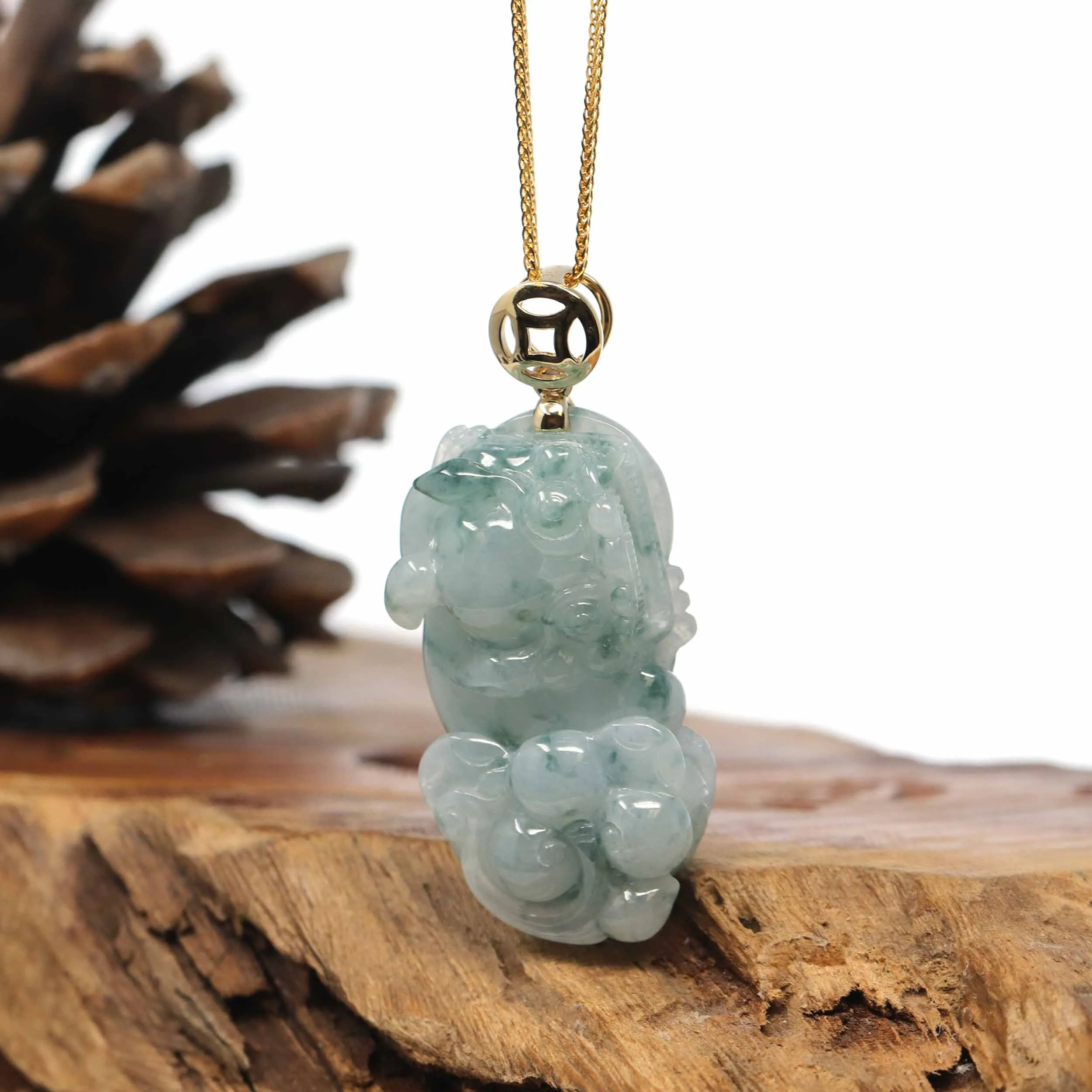 Genuine Burmese Blue-Green Jadeite Jade PiXiu Pendant Necklace With 14K Gold Bail