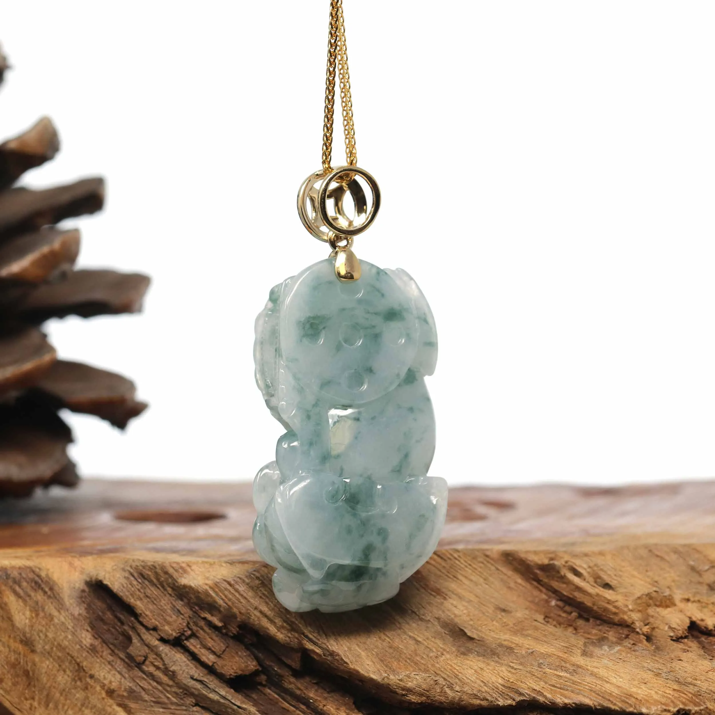 Genuine Burmese Blue-Green Jadeite Jade PiXiu Pendant Necklace With 14K Gold Bail