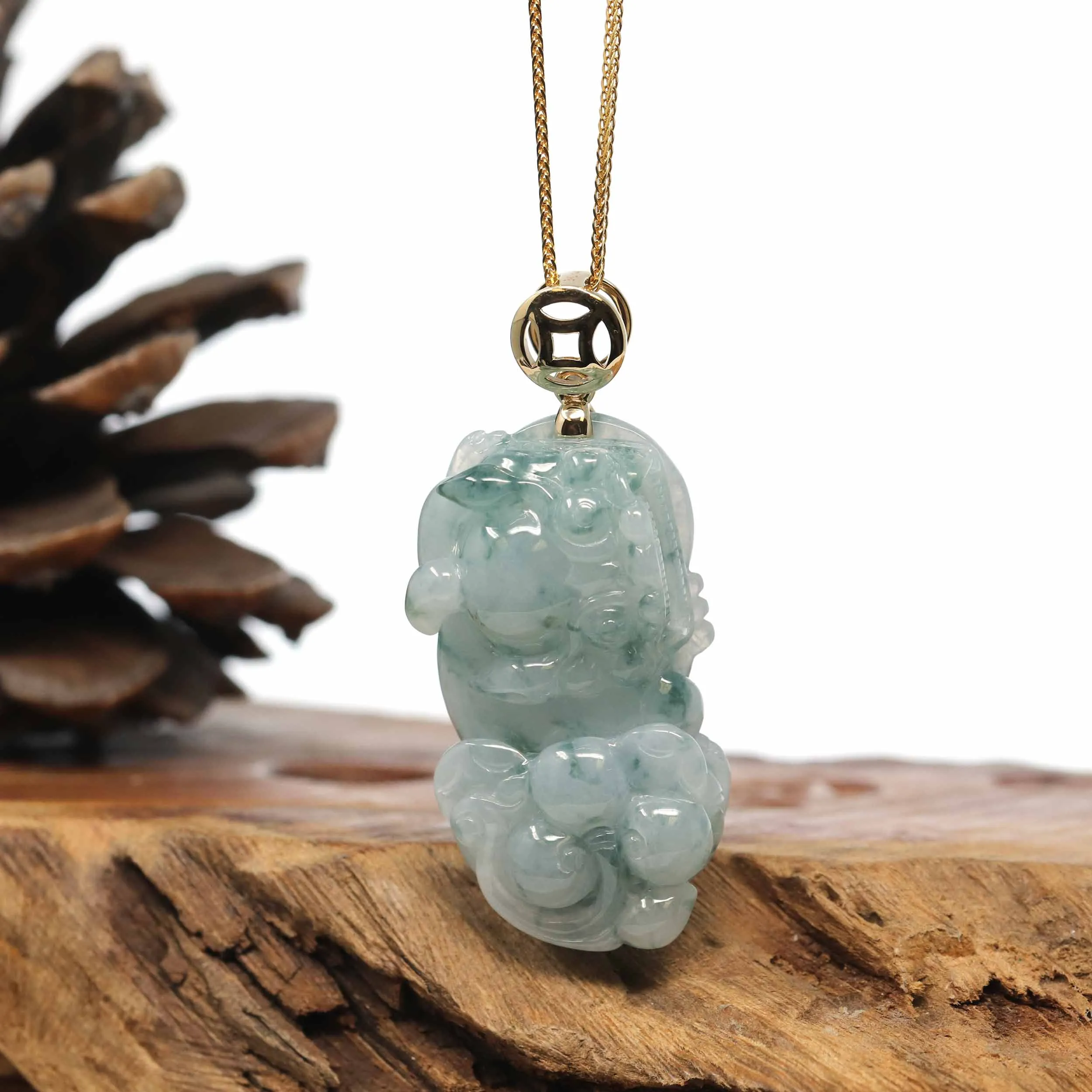 Genuine Burmese Blue-Green Jadeite Jade PiXiu Pendant Necklace With 14K Gold Bail