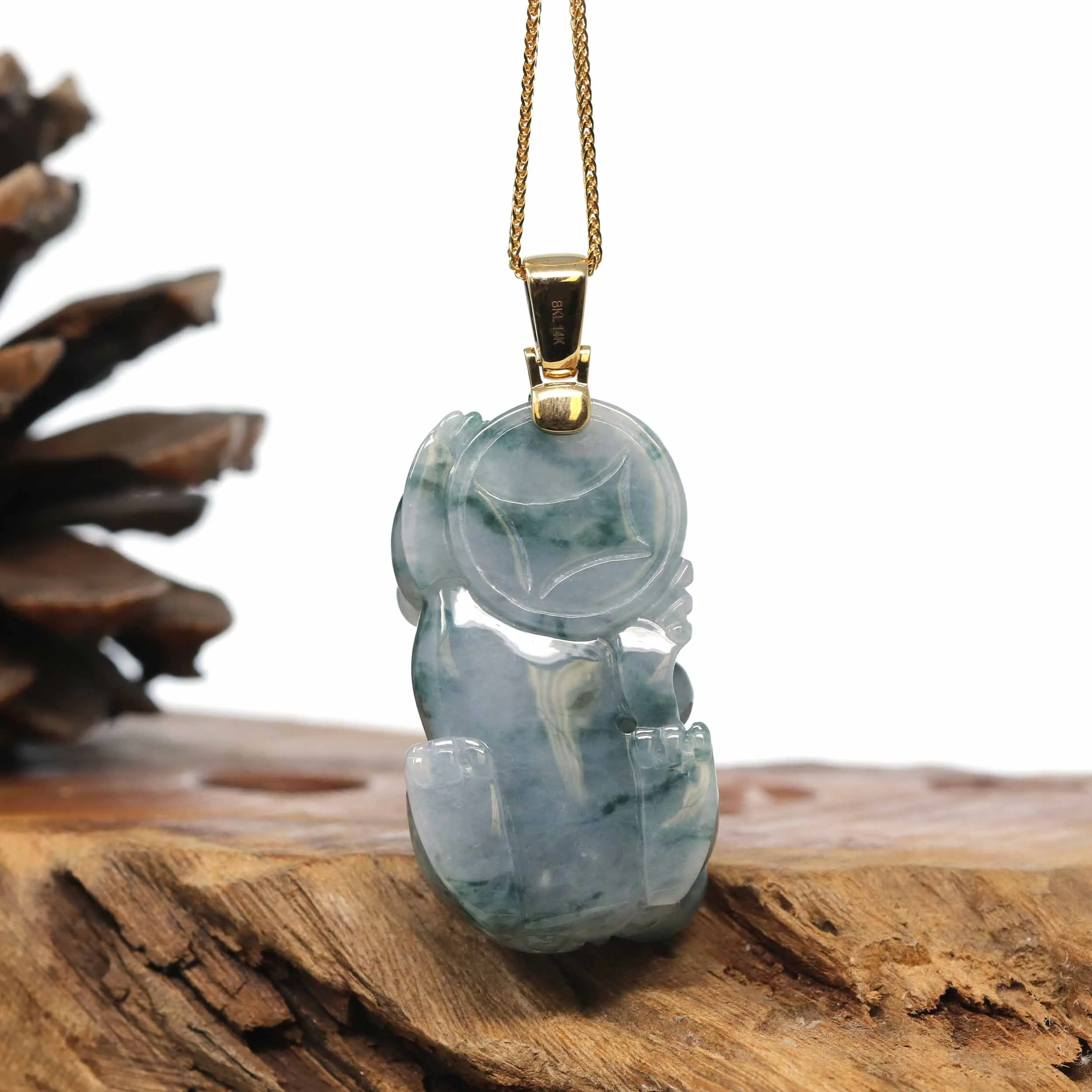 Genuine Burmese Blue-Green Jadeite Jade PiXiu Pendant Necklace With 18K Gold Bail