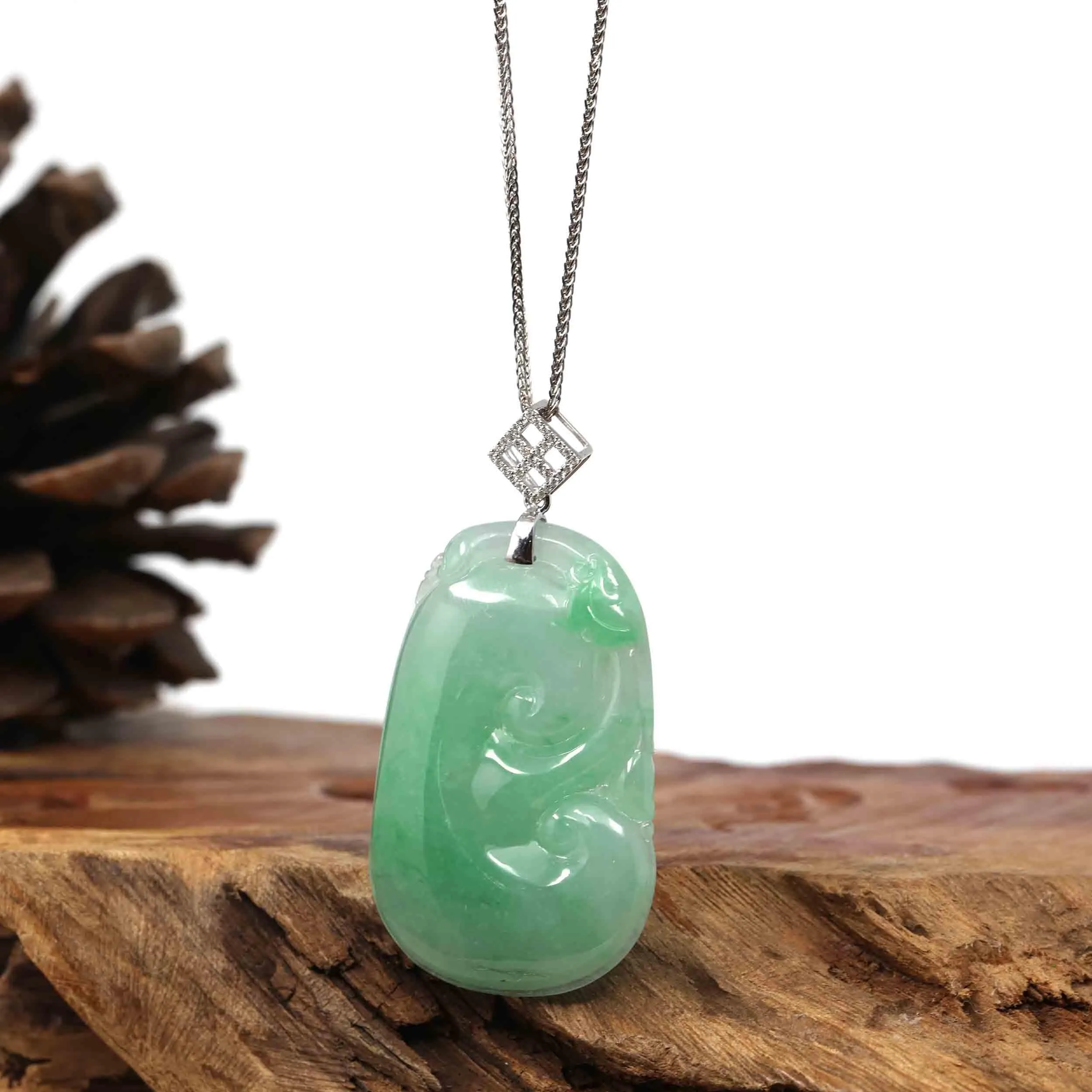 Genuine Burmese Green Jadeite Jade RuYi Pendant with 18k White Gold Diamond Bail