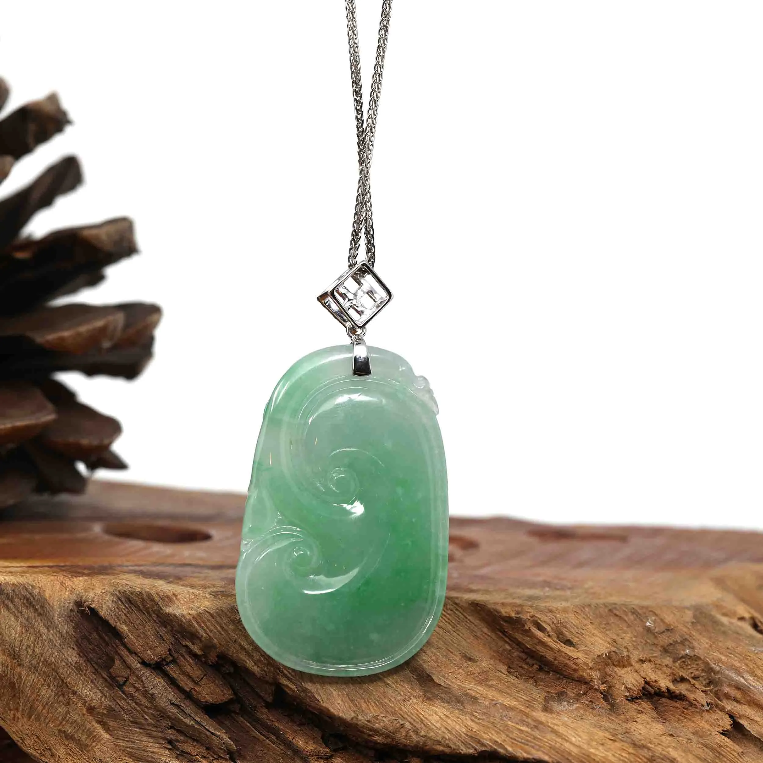 Genuine Burmese Green Jadeite Jade RuYi Pendant with 18k White Gold Diamond Bail