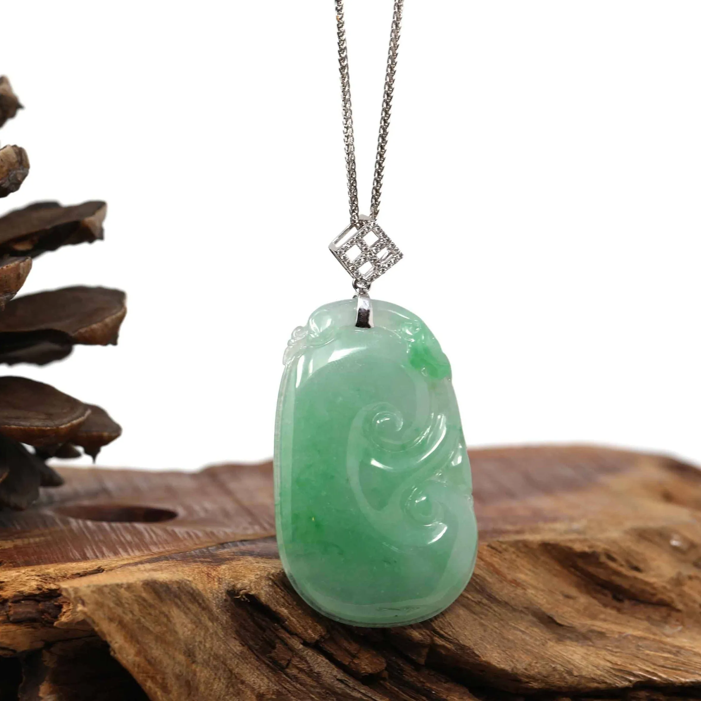 Genuine Burmese Green Jadeite Jade RuYi Pendant with 18k White Gold Diamond Bail