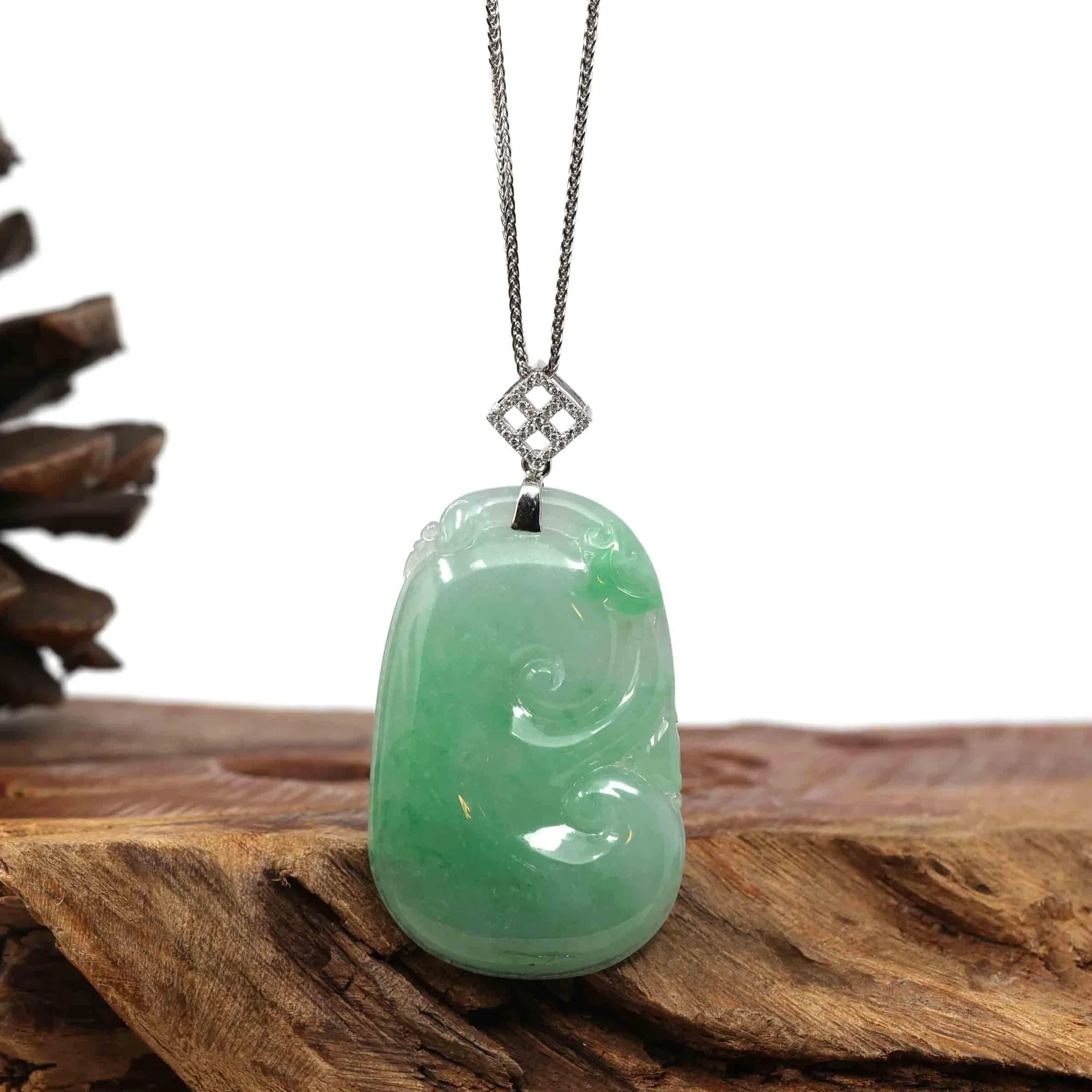 Genuine Burmese Green Jadeite Jade RuYi Pendant with 18k White Gold Diamond Bail