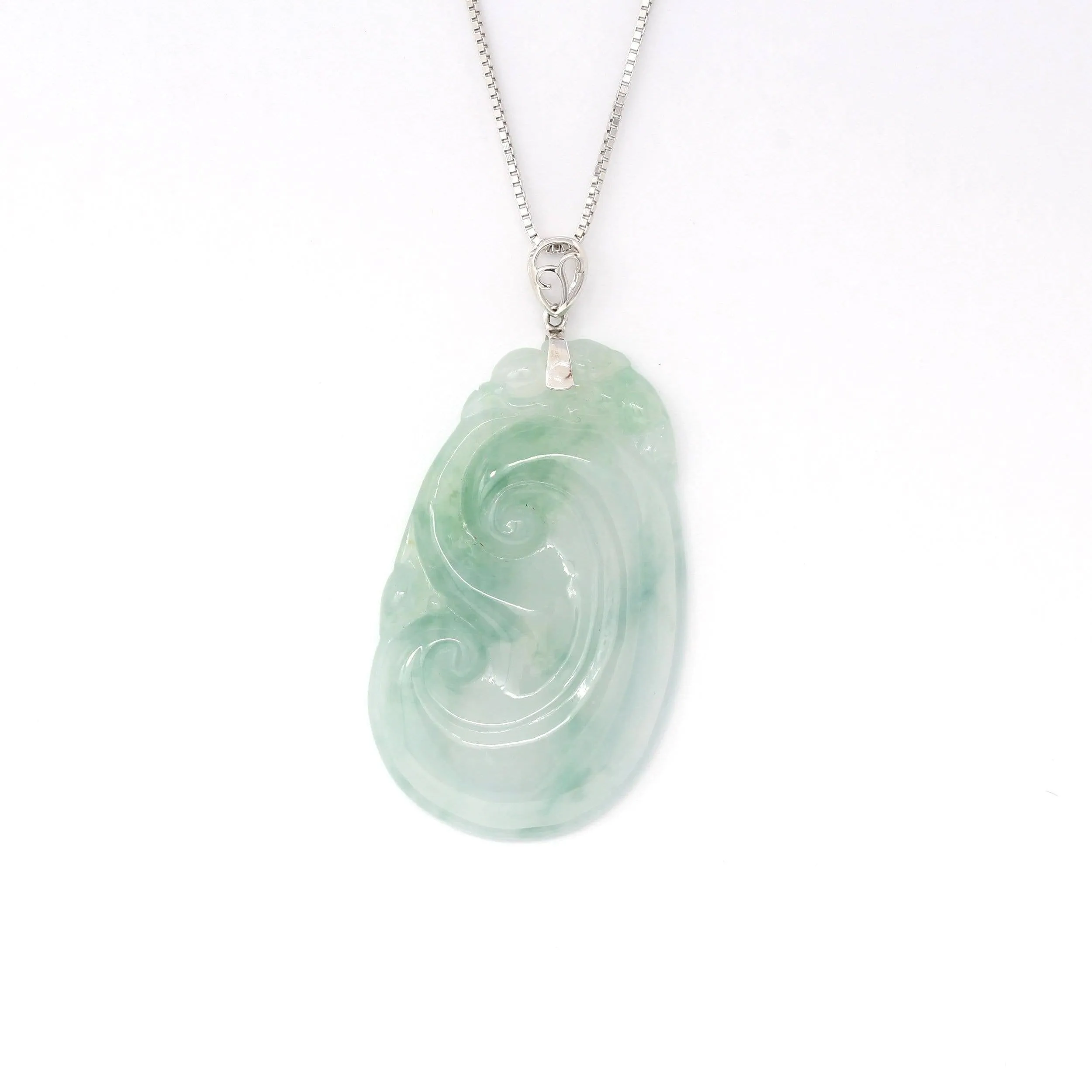 Genuine Burmese Ice Blue Jadeite RuYi Pendant with 18k White Gold Bail