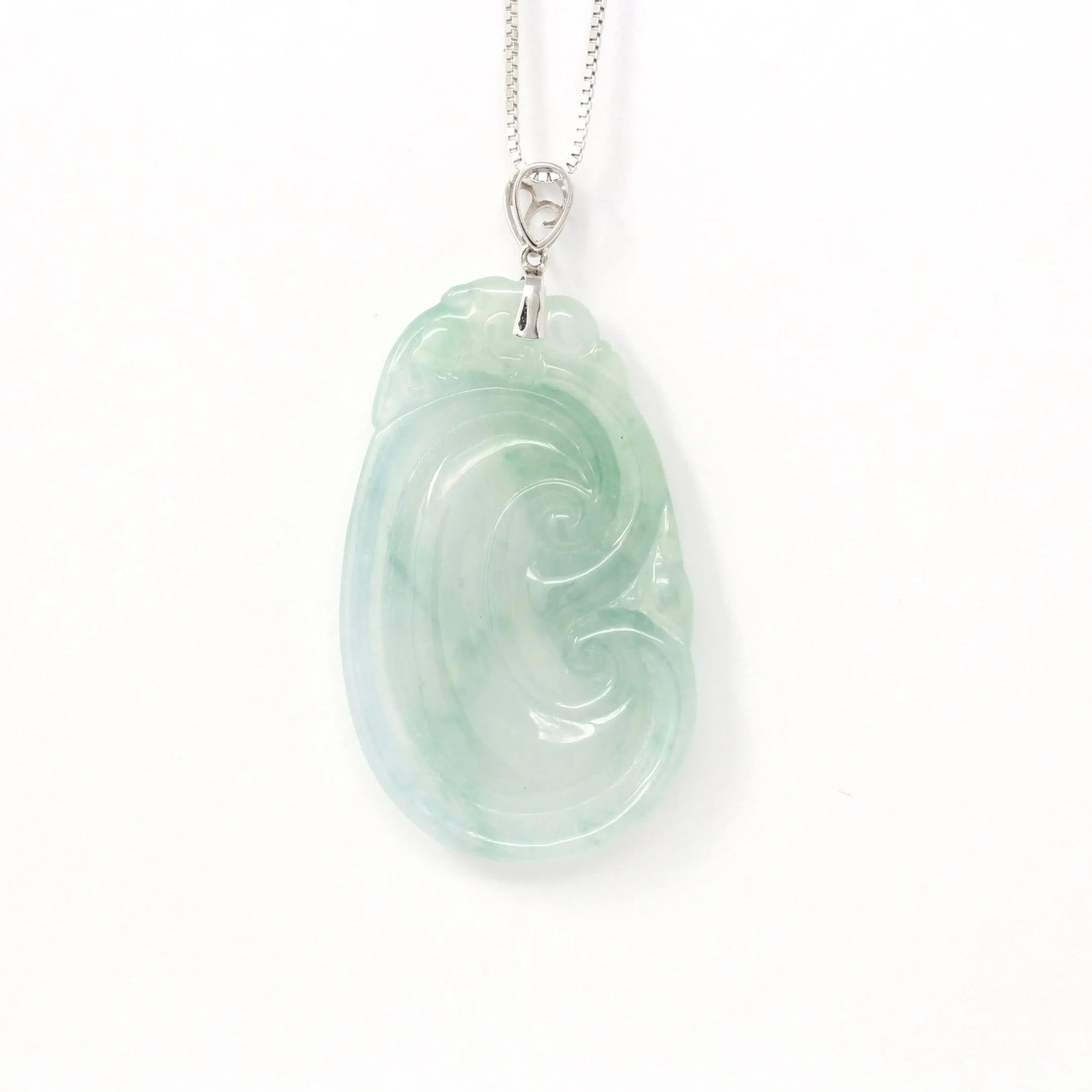 Genuine Burmese Ice Blue Jadeite RuYi Pendant with 18k White Gold Bail