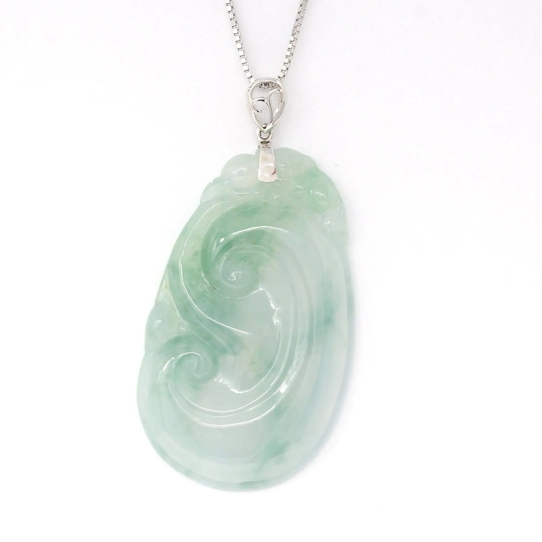 Genuine Burmese Ice Blue Jadeite RuYi Pendant with 18k White Gold Bail