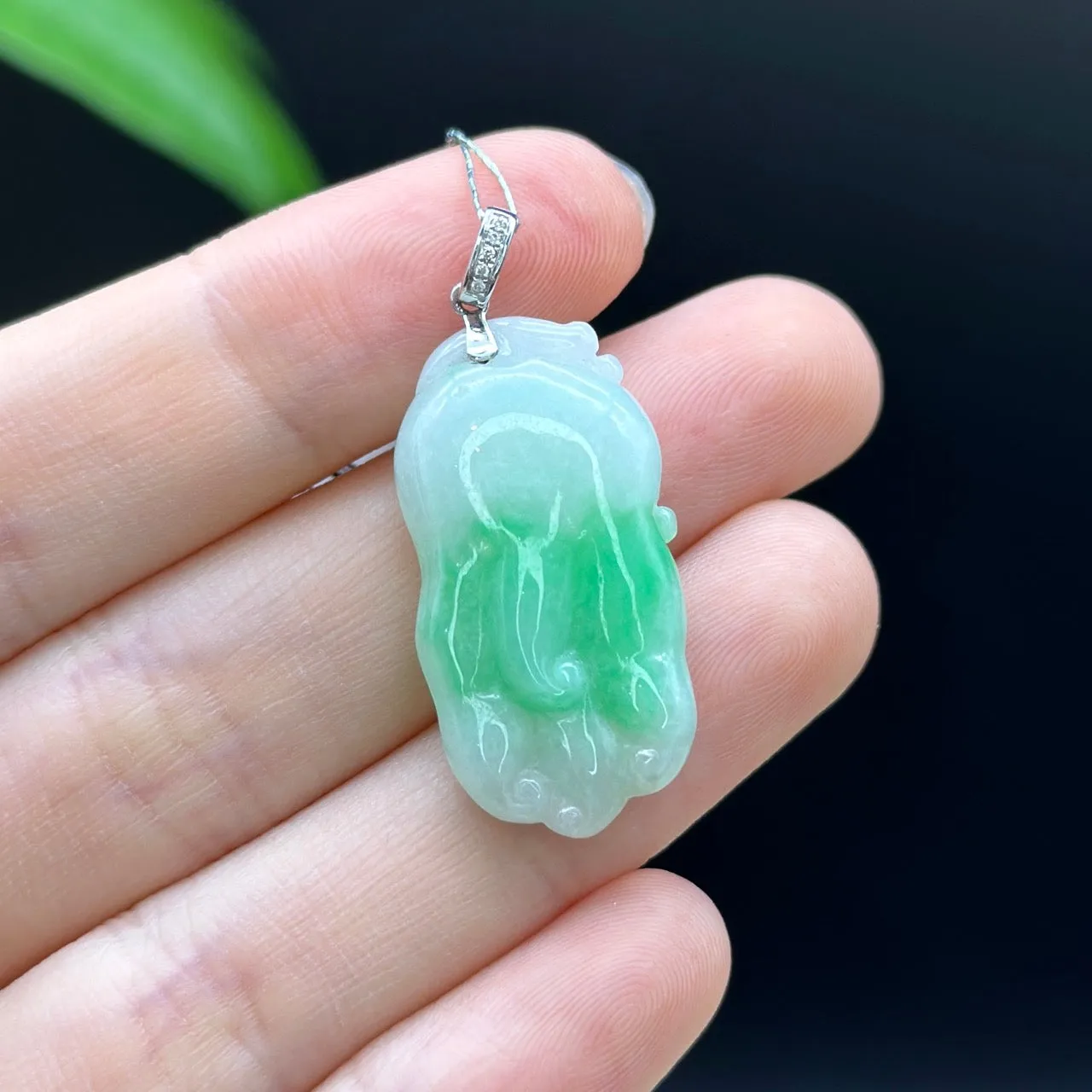 Genuine Burmese Ice Green Jadeite Pendant with 18k White Gold Bail