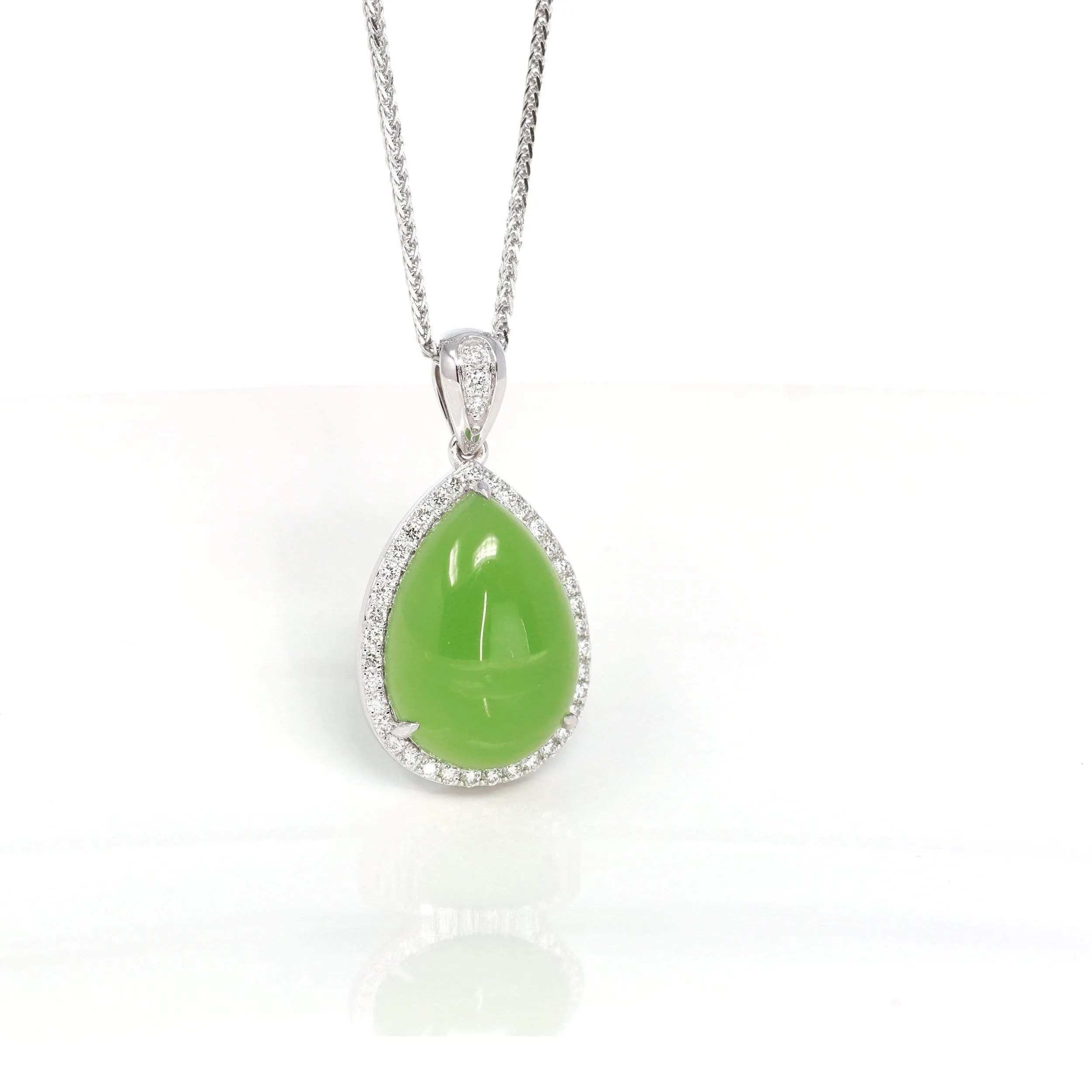 Genuine Green Nephrite Apple Green Jade Tear Drop Pendant Necklace With VS1 Diamond