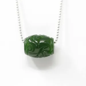 Genuine HeTian Nephrite Green Jade Lucky Bead Pendant Necklace With Flower Pattern