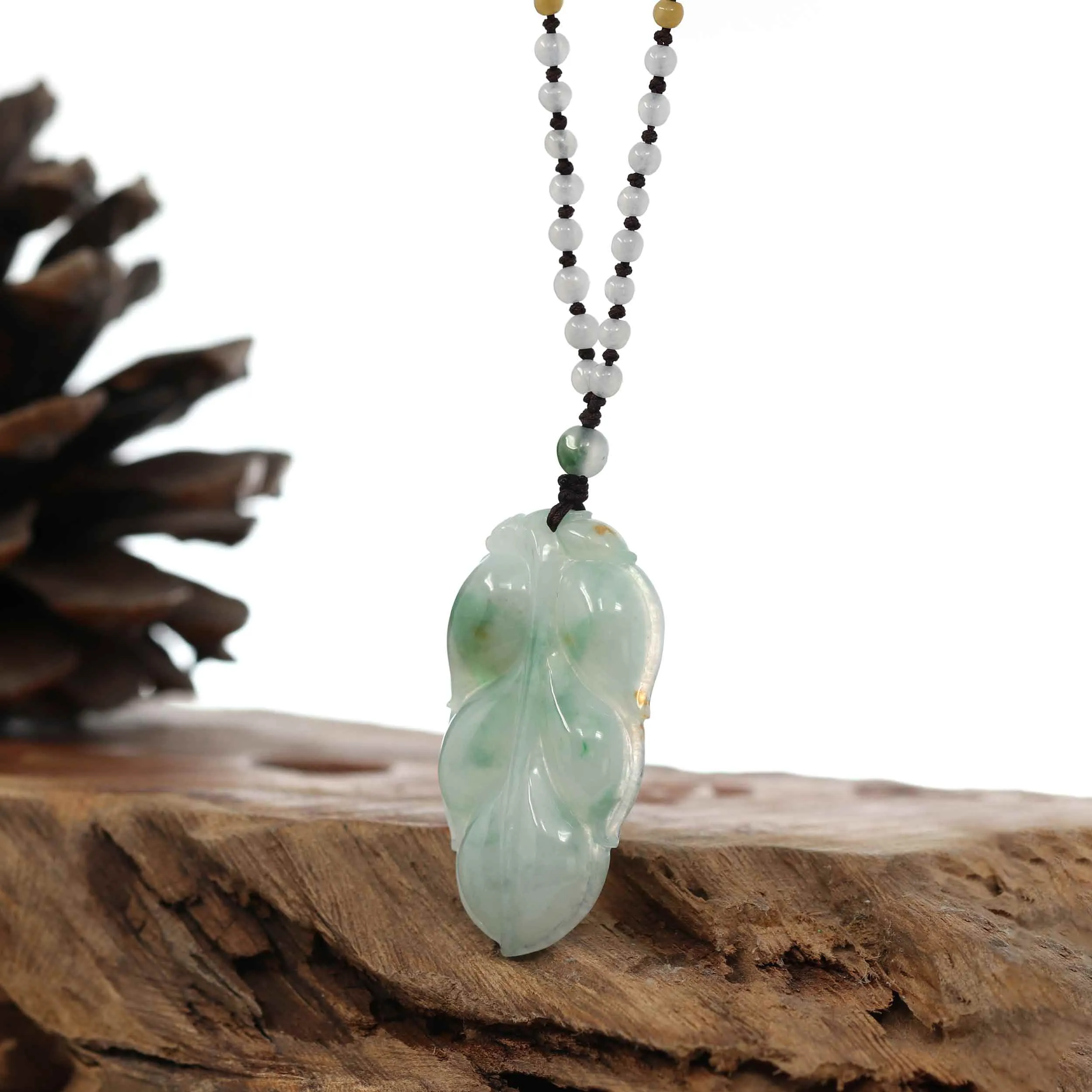 Genuine Ice Blue-Green Jadeite Jade "Good Fortune Leaf" Pendant Necklace With Real Jadeite Bead Necklace