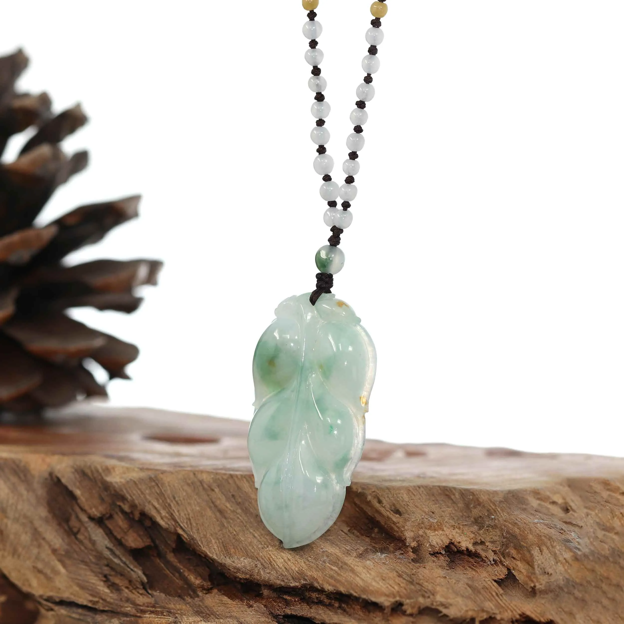 Genuine Ice Blue-Green Jadeite Jade "Good Fortune Leaf" Pendant Necklace With Real Jadeite Bead Necklace