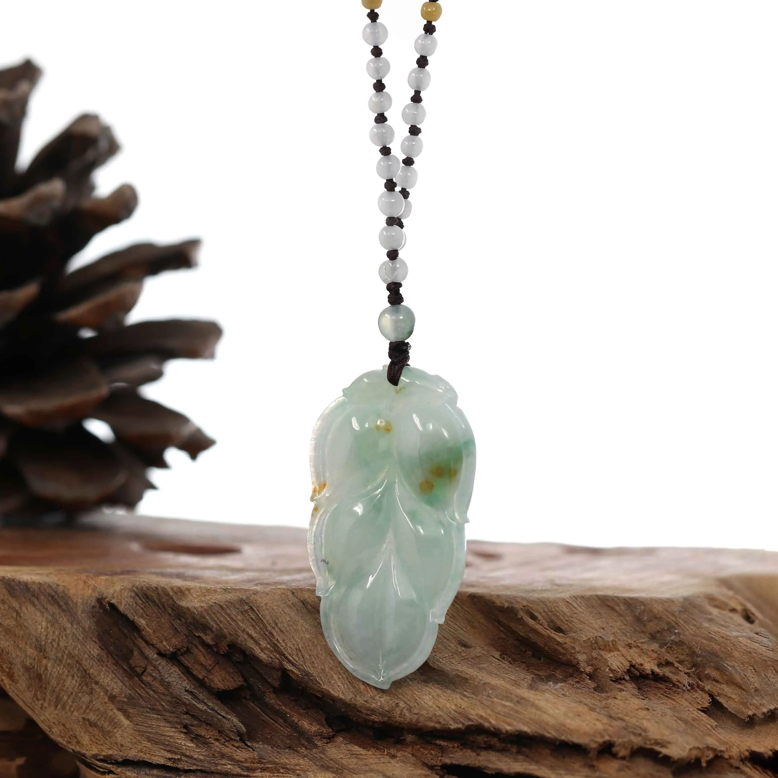 Genuine Ice Blue-Green Jadeite Jade "Good Fortune Leaf" Pendant Necklace With Real Jadeite Bead Necklace