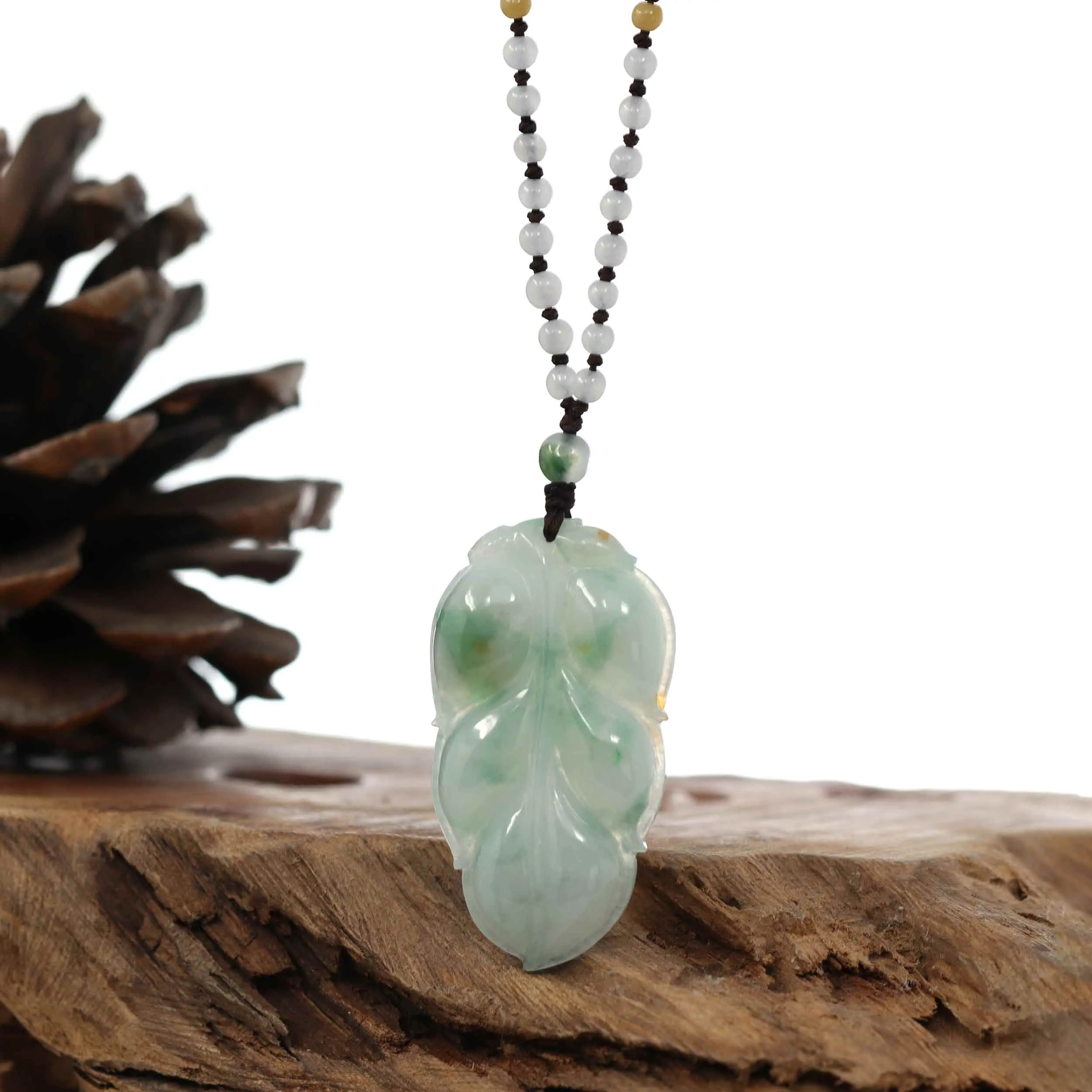 Genuine Ice Blue-Green Jadeite Jade "Good Fortune Leaf" Pendant Necklace With Real Jadeite Bead Necklace