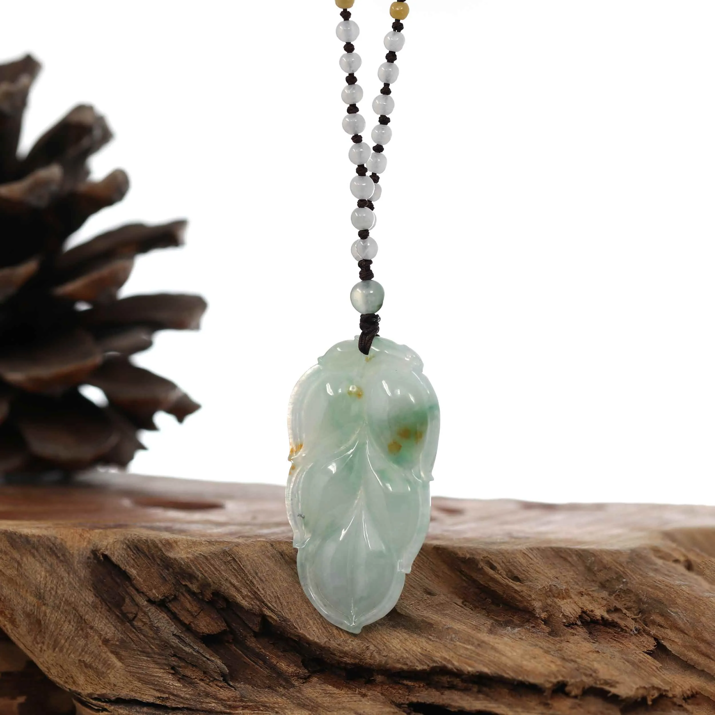 Genuine Ice Blue-Green Jadeite Jade "Good Fortune Leaf" Pendant Necklace With Real Jadeite Bead Necklace