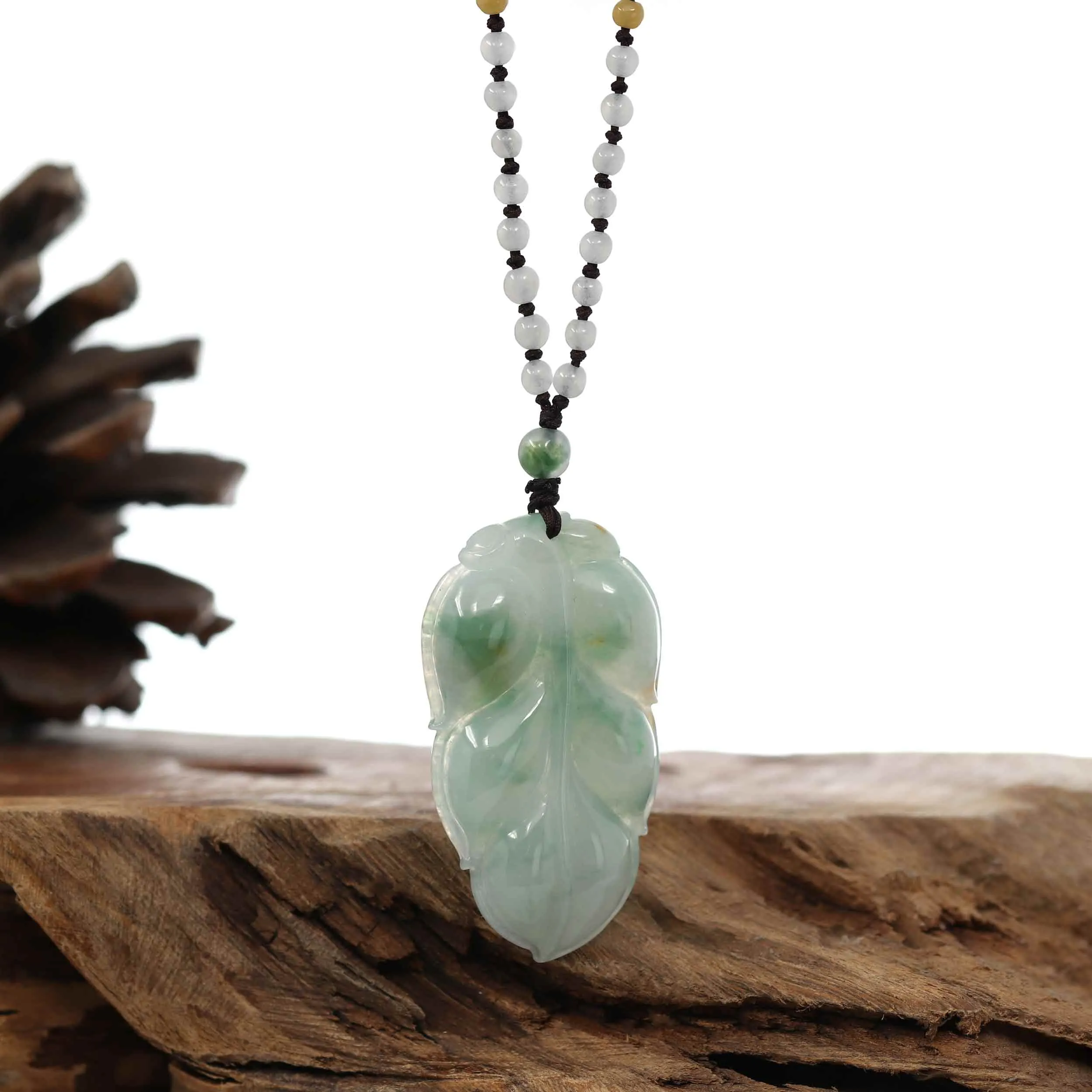 Genuine Ice Blue-Green Jadeite Jade "Good Fortune Leaf" Pendant Necklace With Real Jadeite Bead Necklace