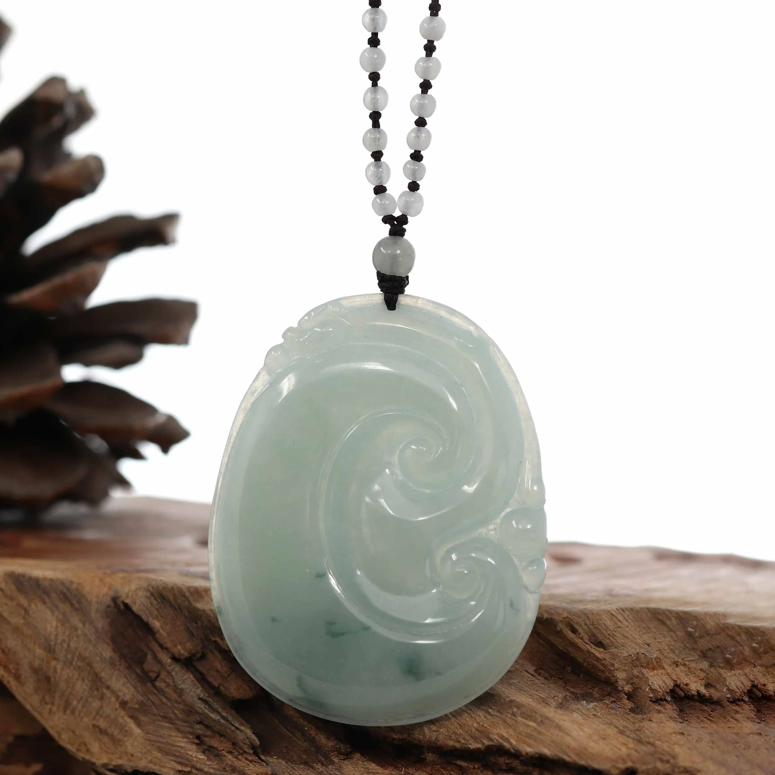 Genuine Ice Blue Jadeite Jade RuYi Pendant Necklace With Real Jadeite jade Beads Necklace