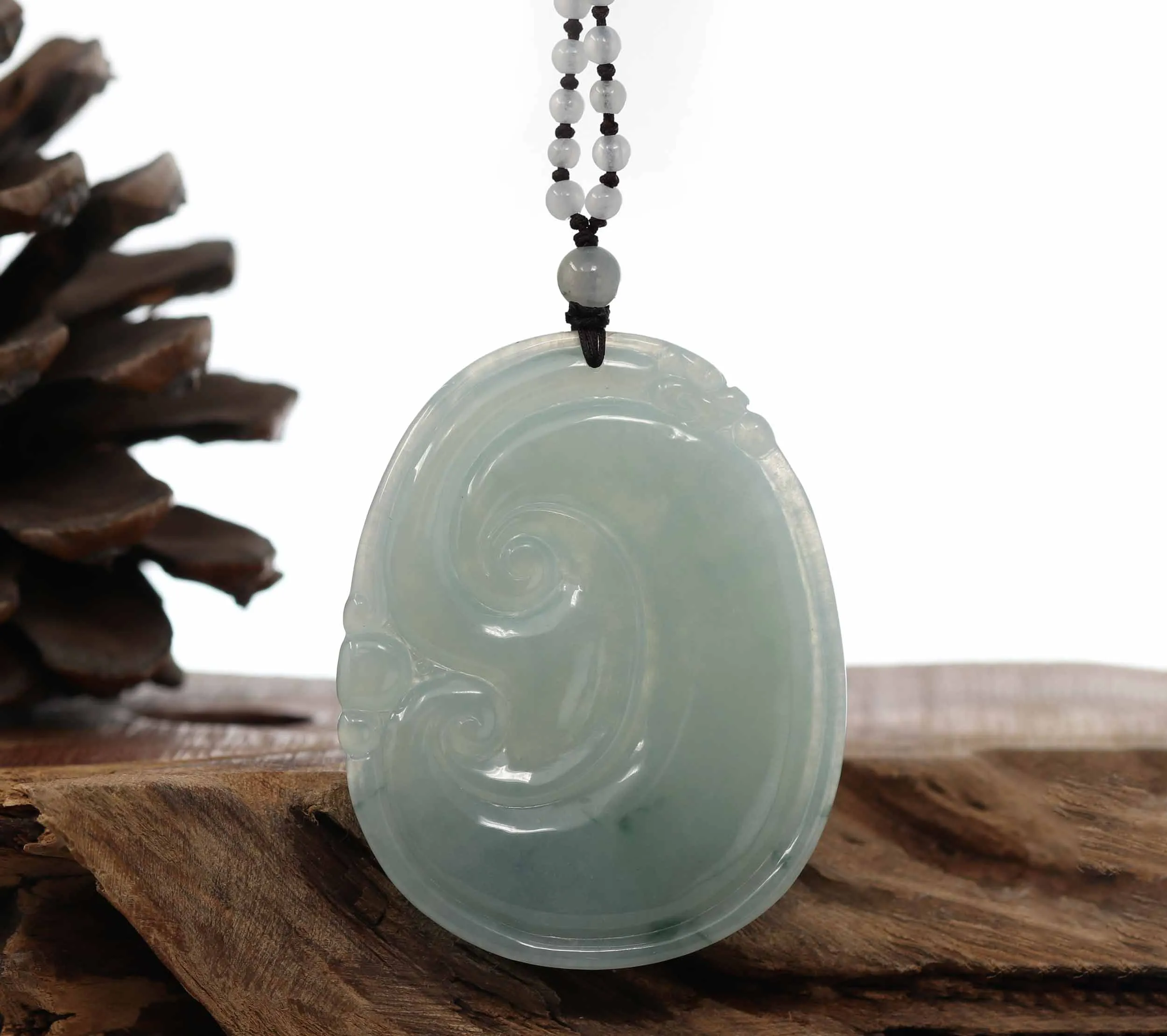 Genuine Ice Blue Jadeite Jade RuYi Pendant Necklace With Real Jadeite jade Beads Necklace