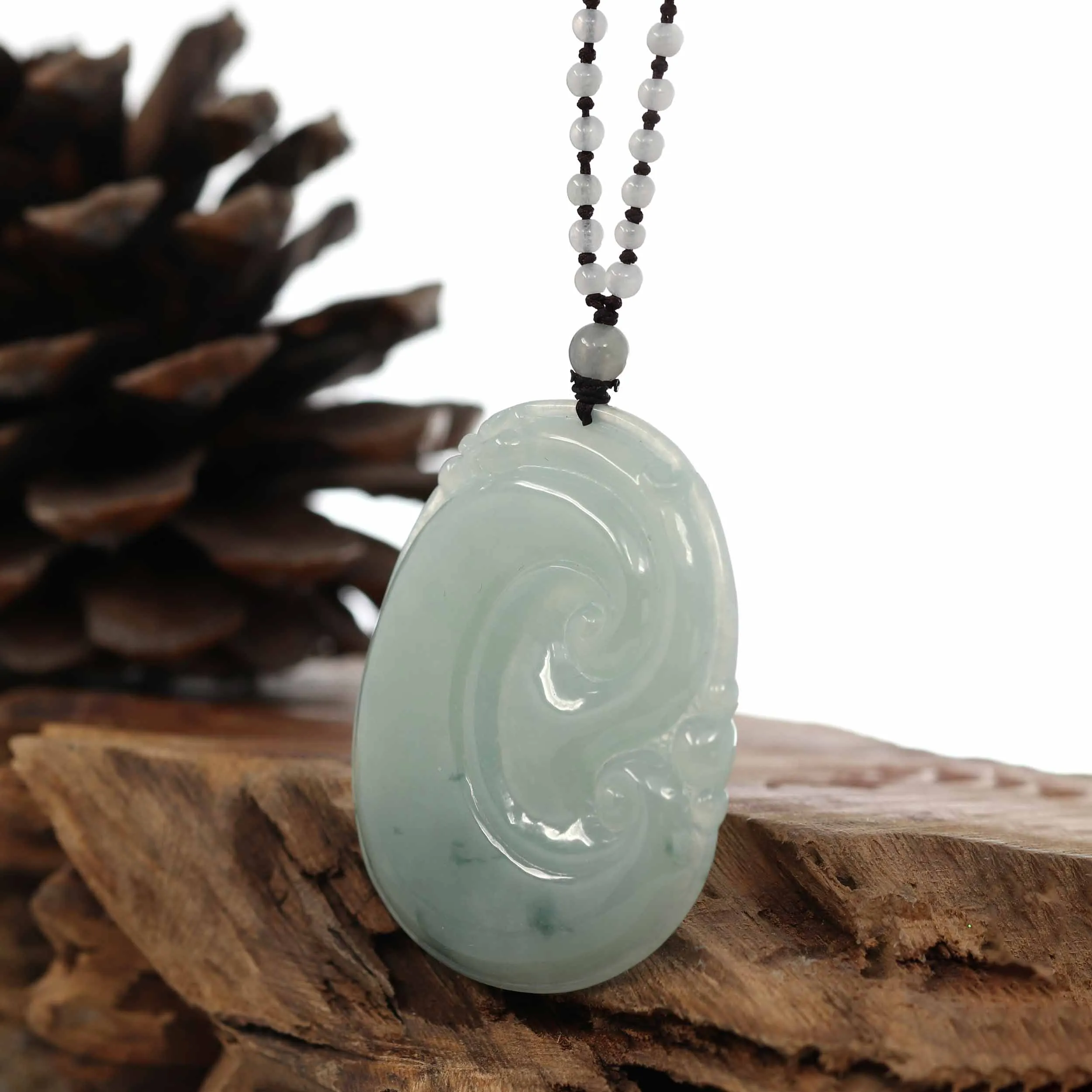 Genuine Ice Blue Jadeite Jade RuYi Pendant Necklace With Real Jadeite jade Beads Necklace