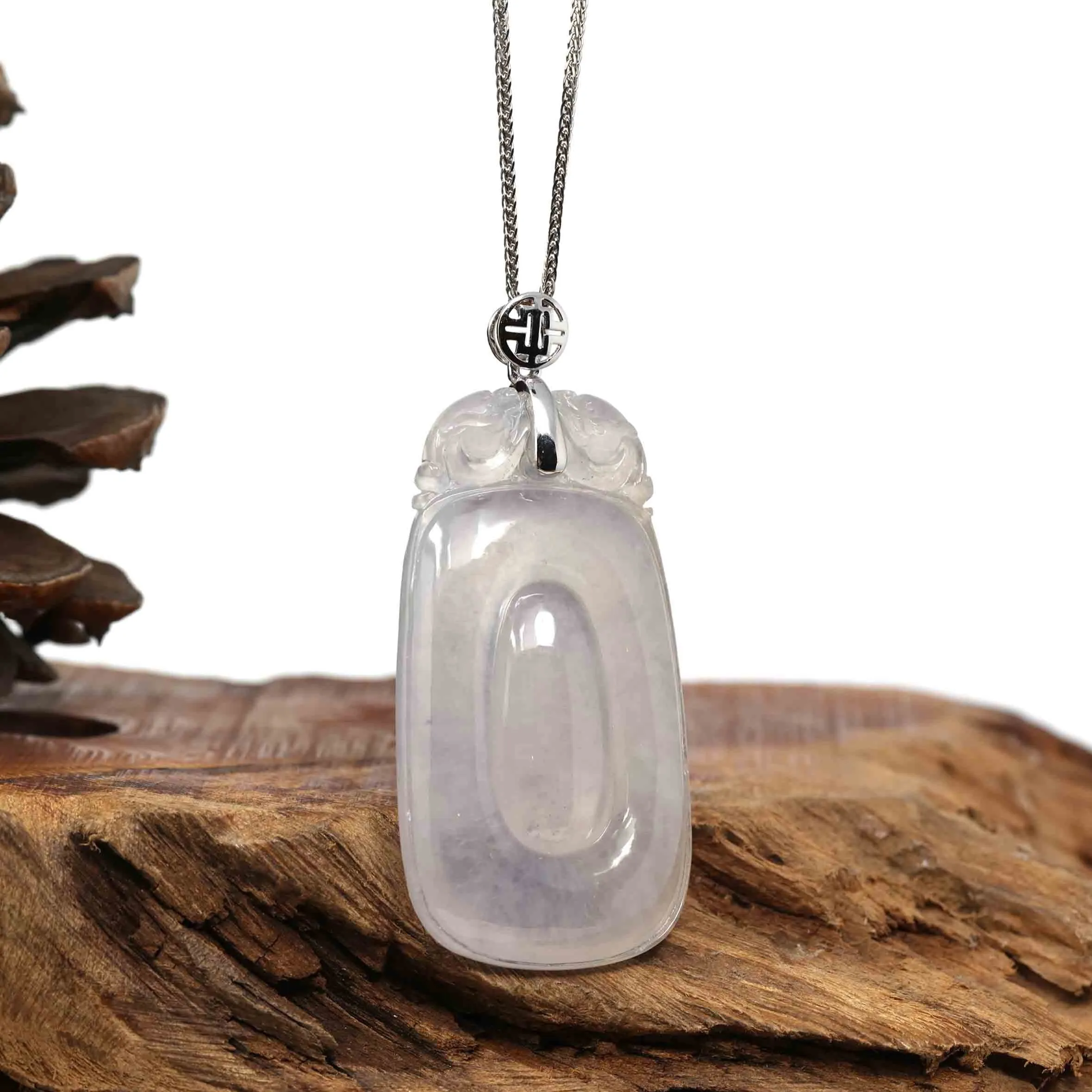 Genuine Ice White Jadeite Jade "Happiness in front of your eyes" Fu Zai Yan Qian Pendant Necklace With 14K White Gold Bail