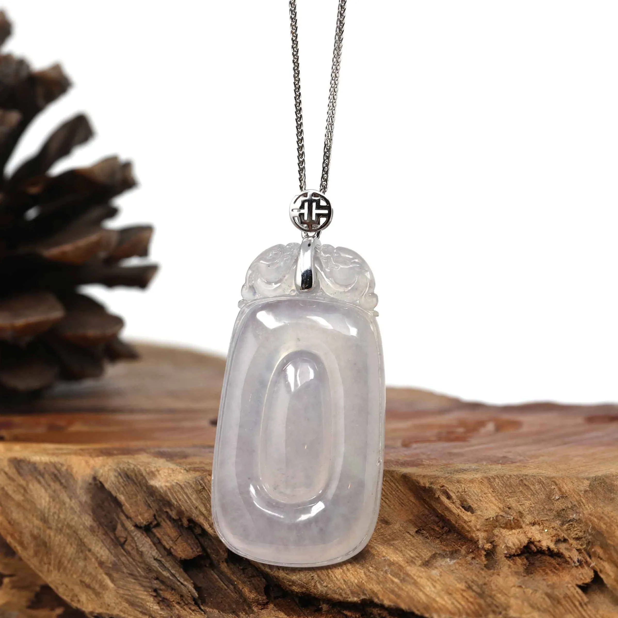 Genuine Ice White Jadeite Jade "Happiness in front of your eyes" Fu Zai Yan Qian Pendant Necklace With 14K White Gold Bail