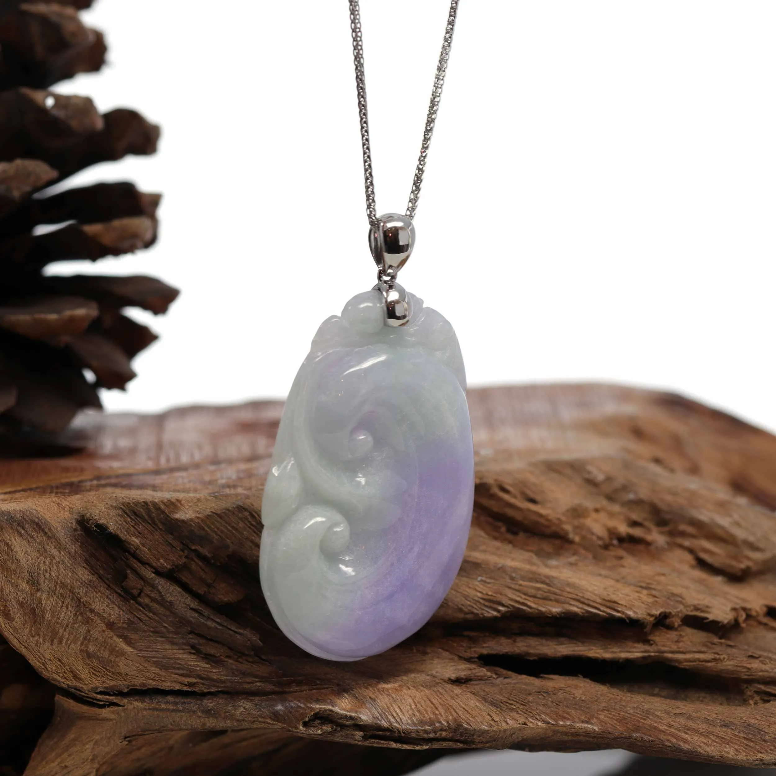 Genuine Lavender Jadeite Jade RuYi Pendant Necklace With 14K White Gold Bail