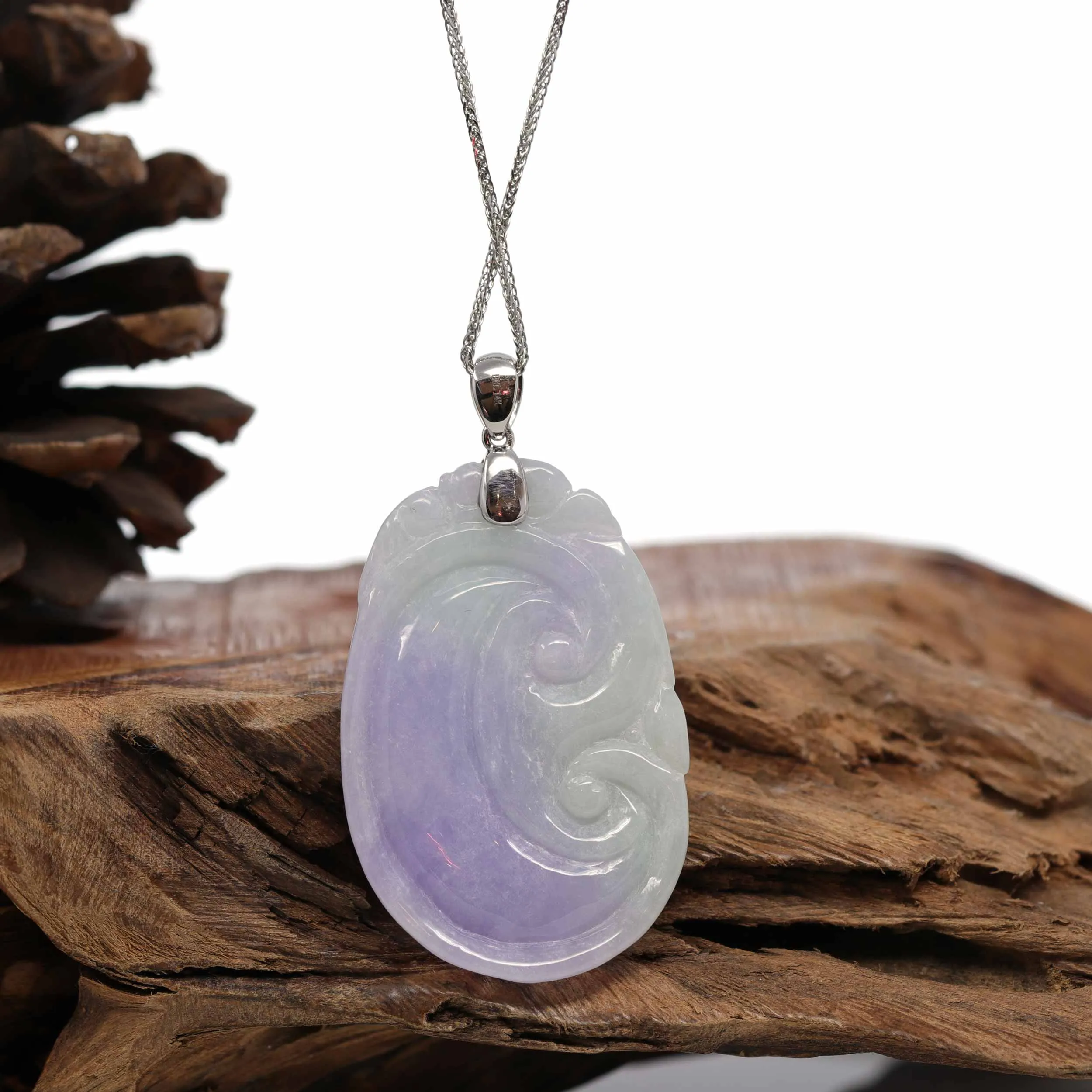 Genuine Lavender Jadeite Jade RuYi Pendant Necklace With 14K White Gold Bail